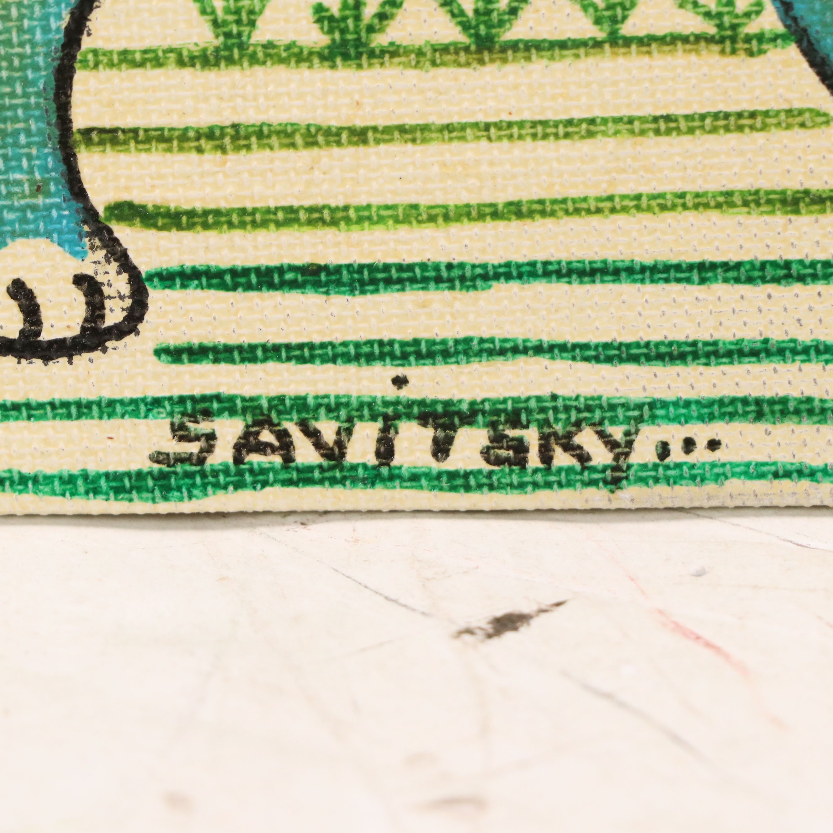 John Savitsky Oil Folk Paintings "Green Cat" and Peacock, Mid-20th Century