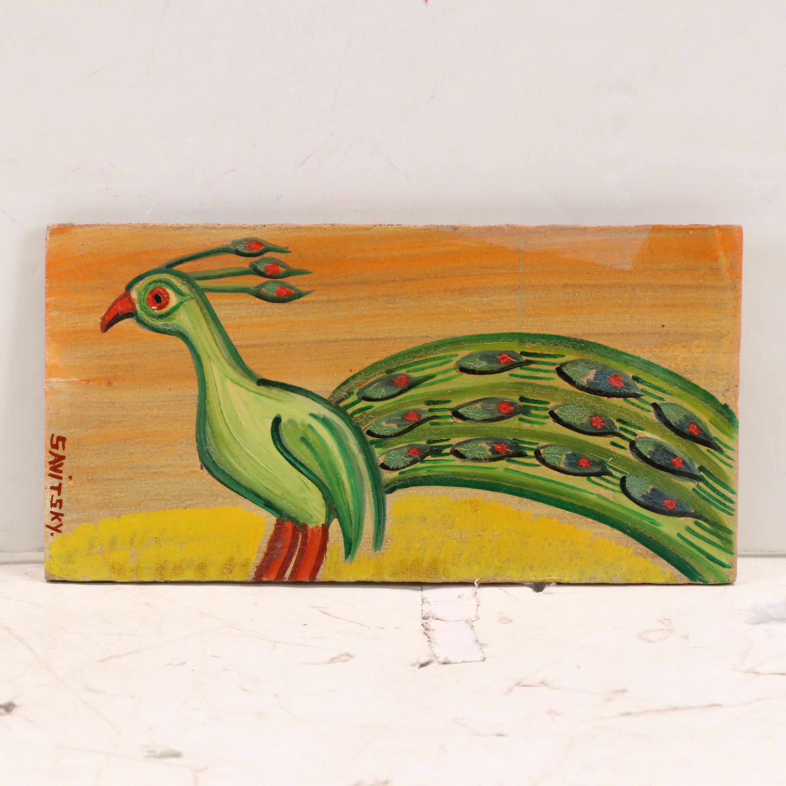 John Savitsky Oil Folk Paintings "Green Cat" and Peacock, Mid-20th Century