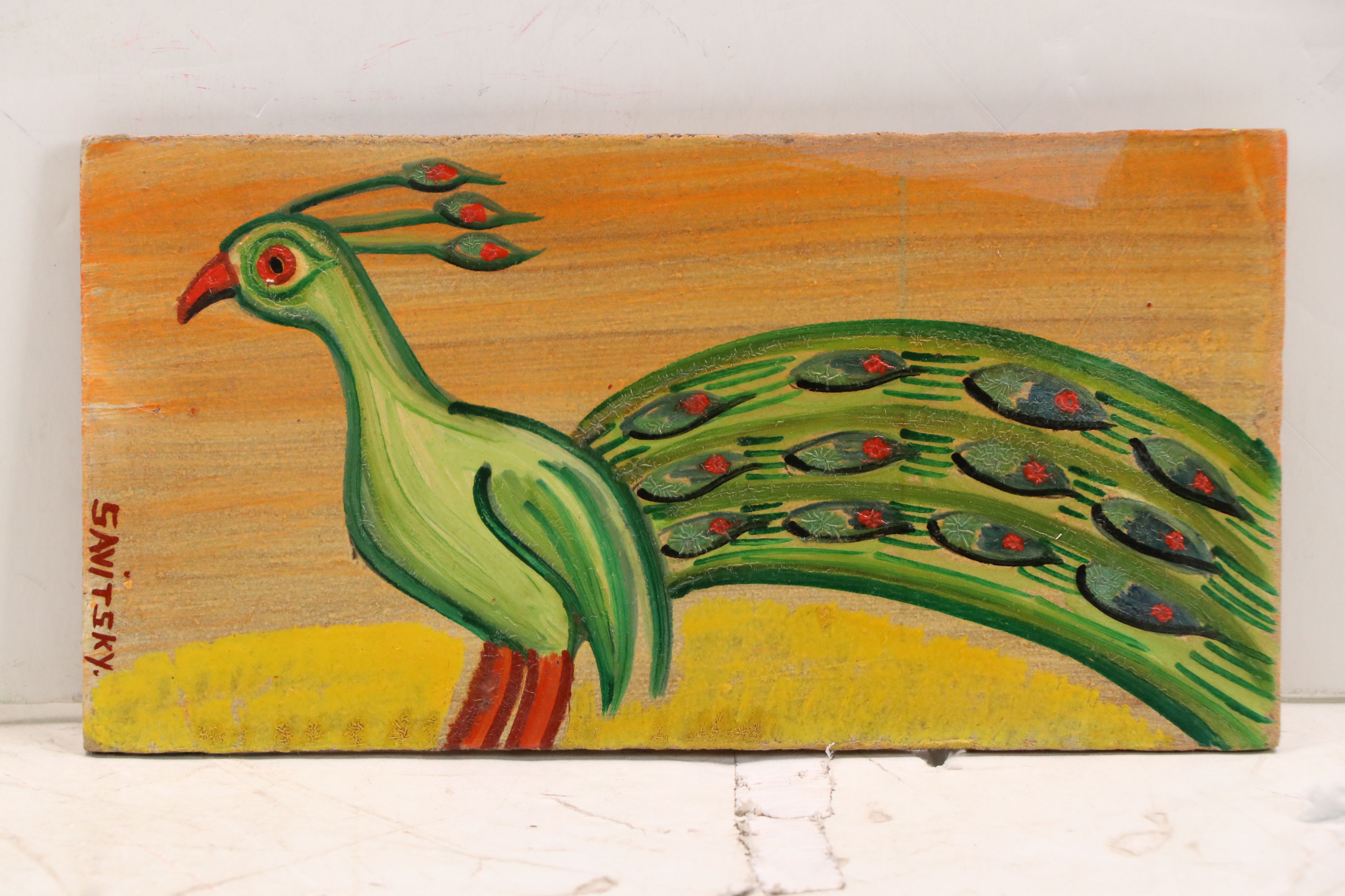 John Savitsky Oil Folk Paintings "Green Cat" and Peacock, Mid-20th Century