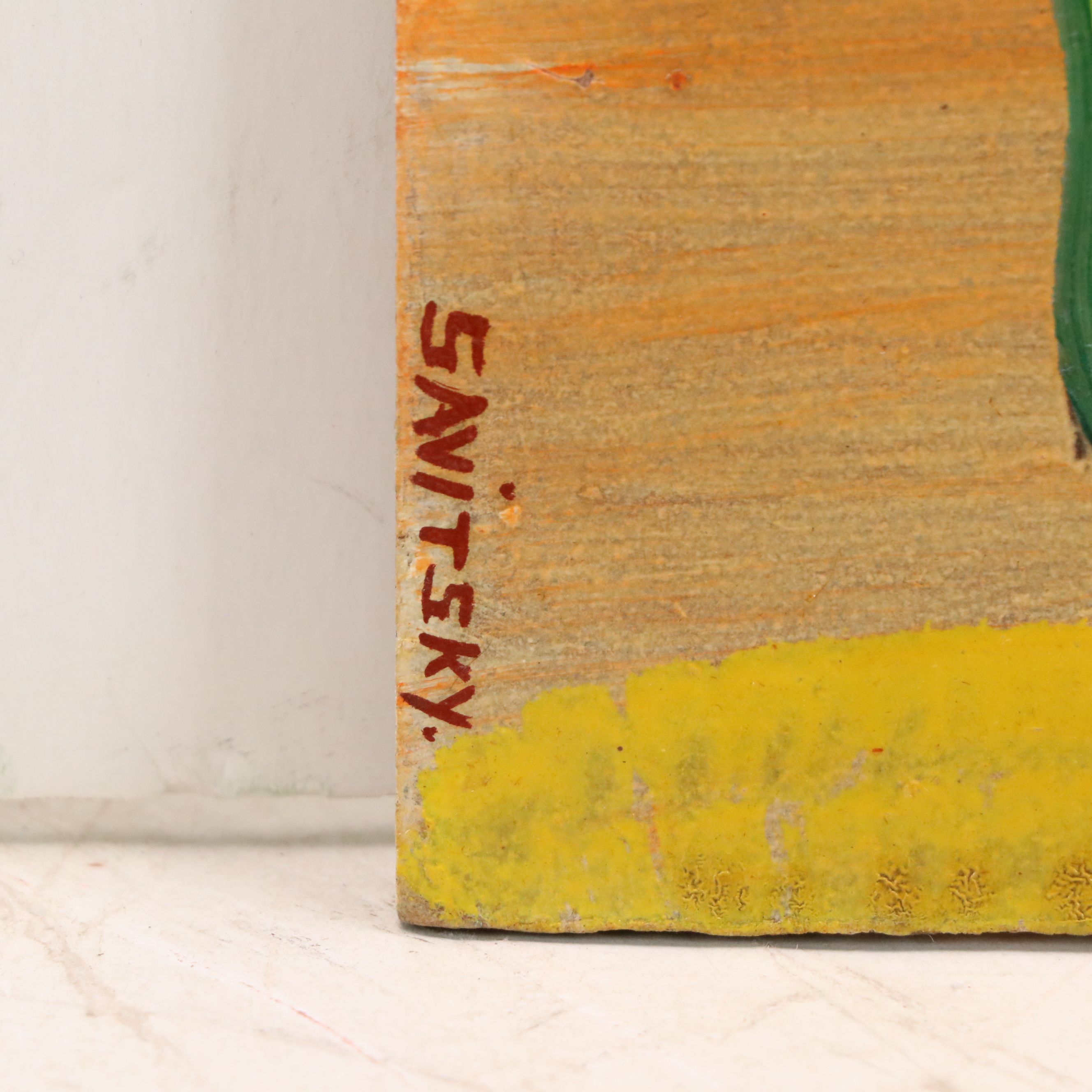 John Savitsky Oil Folk Paintings "Green Cat" and Peacock, Mid-20th Century