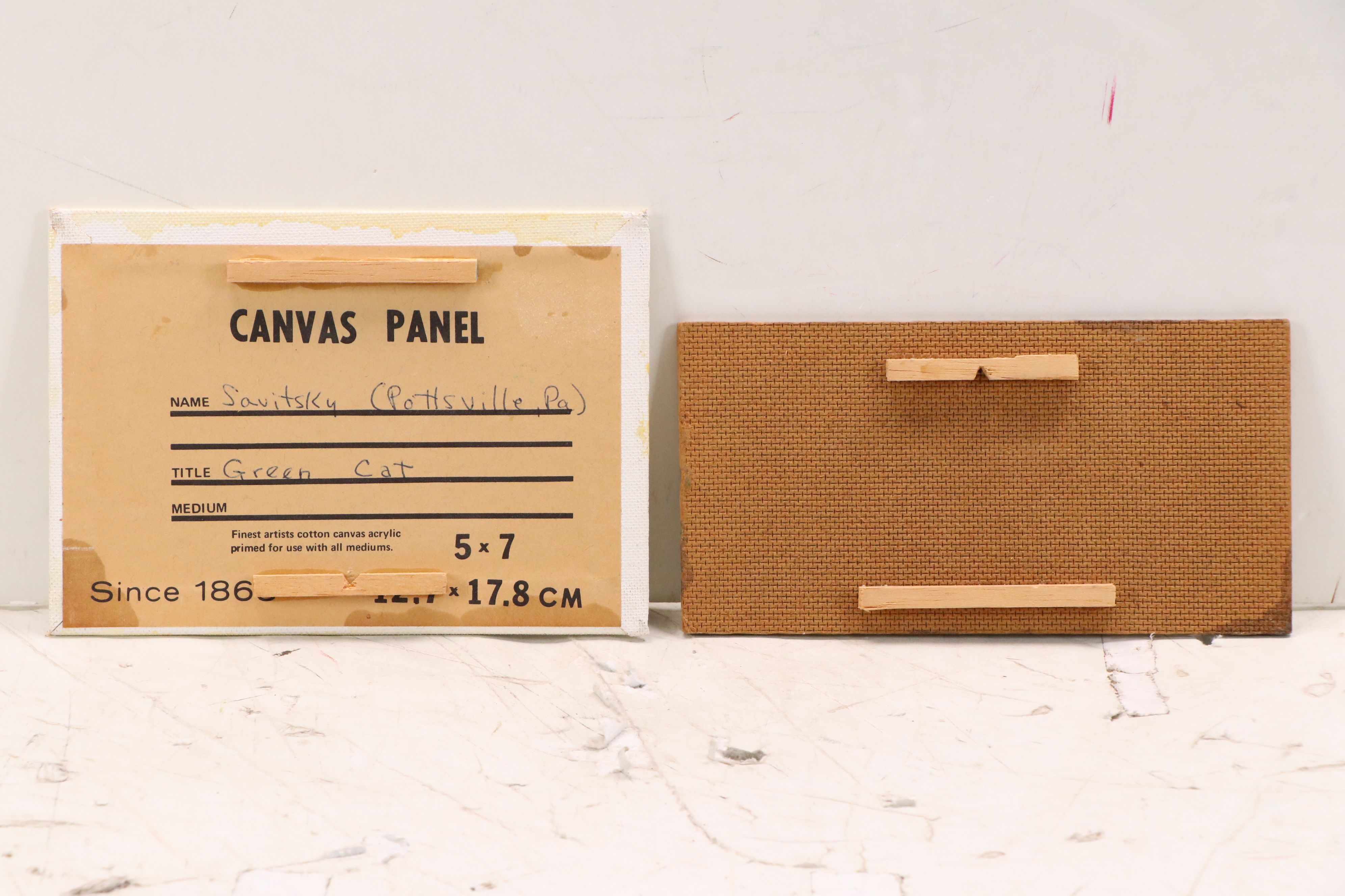 John Savitsky Oil Folk Paintings "Green Cat" and Peacock, Mid-20th Century