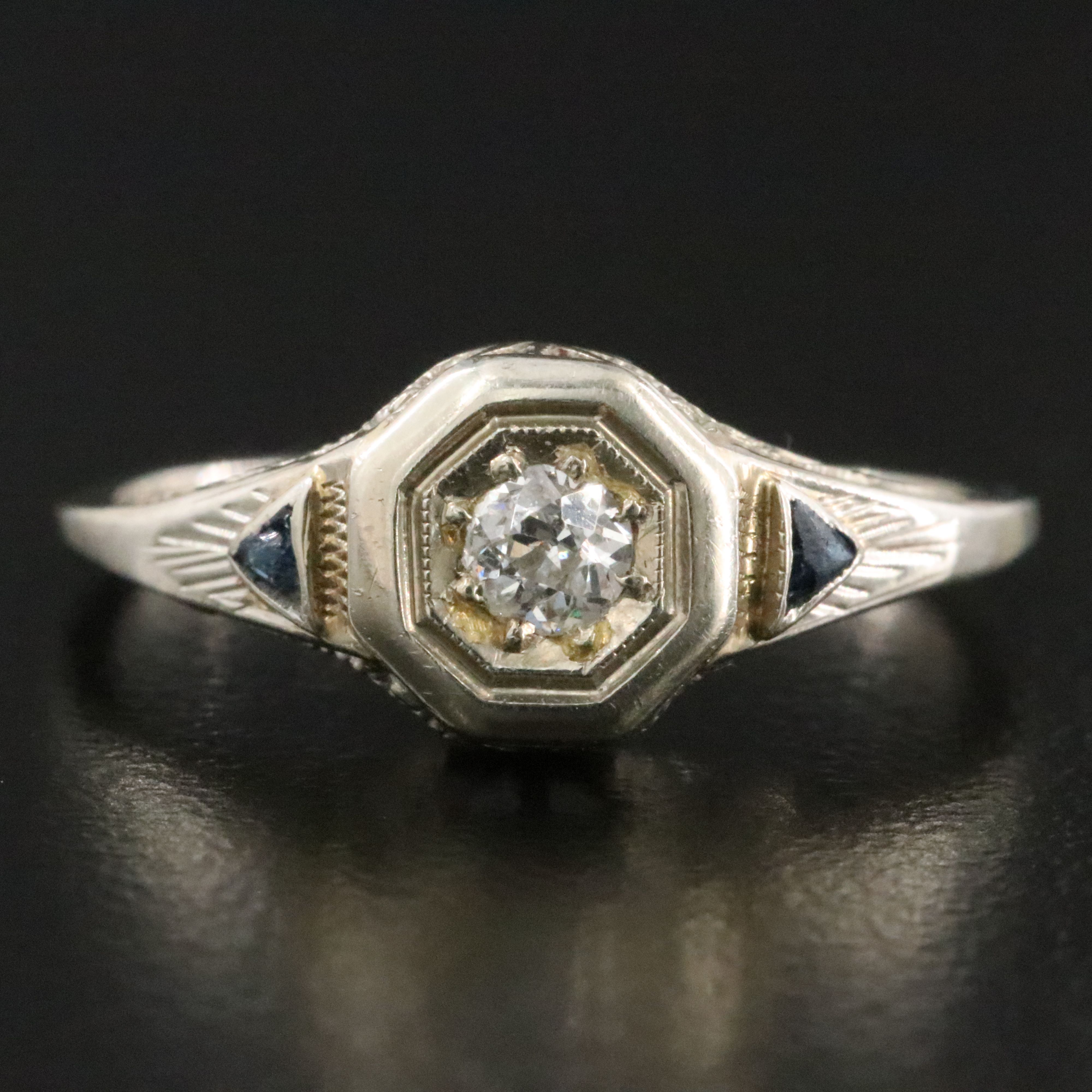 Art Deco 14K and 10K 0.11 CT Diamond and Glass Scrolled Design Ring