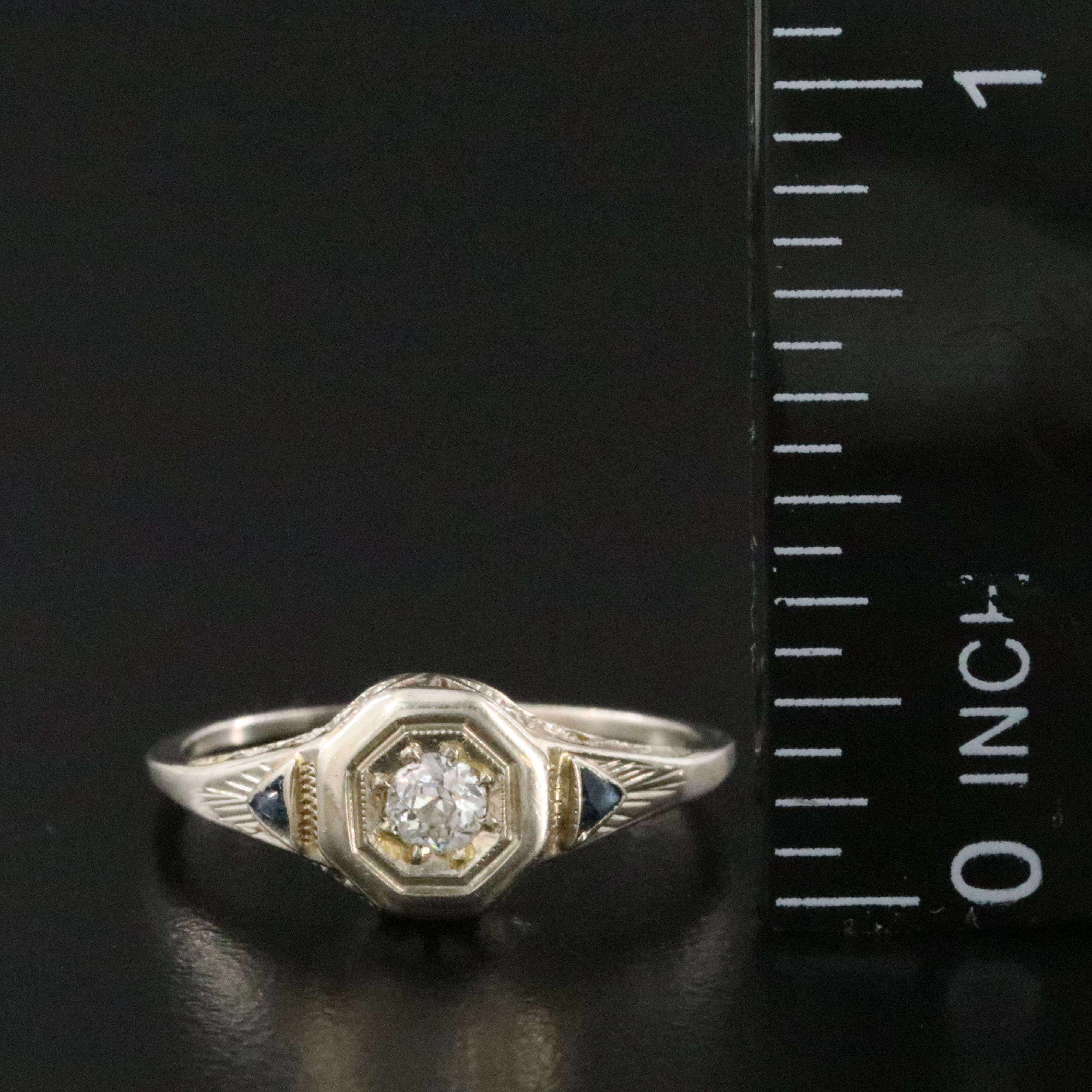 Art Deco 14K and 10K 0.11 CT Diamond and Glass Scrolled Design Ring