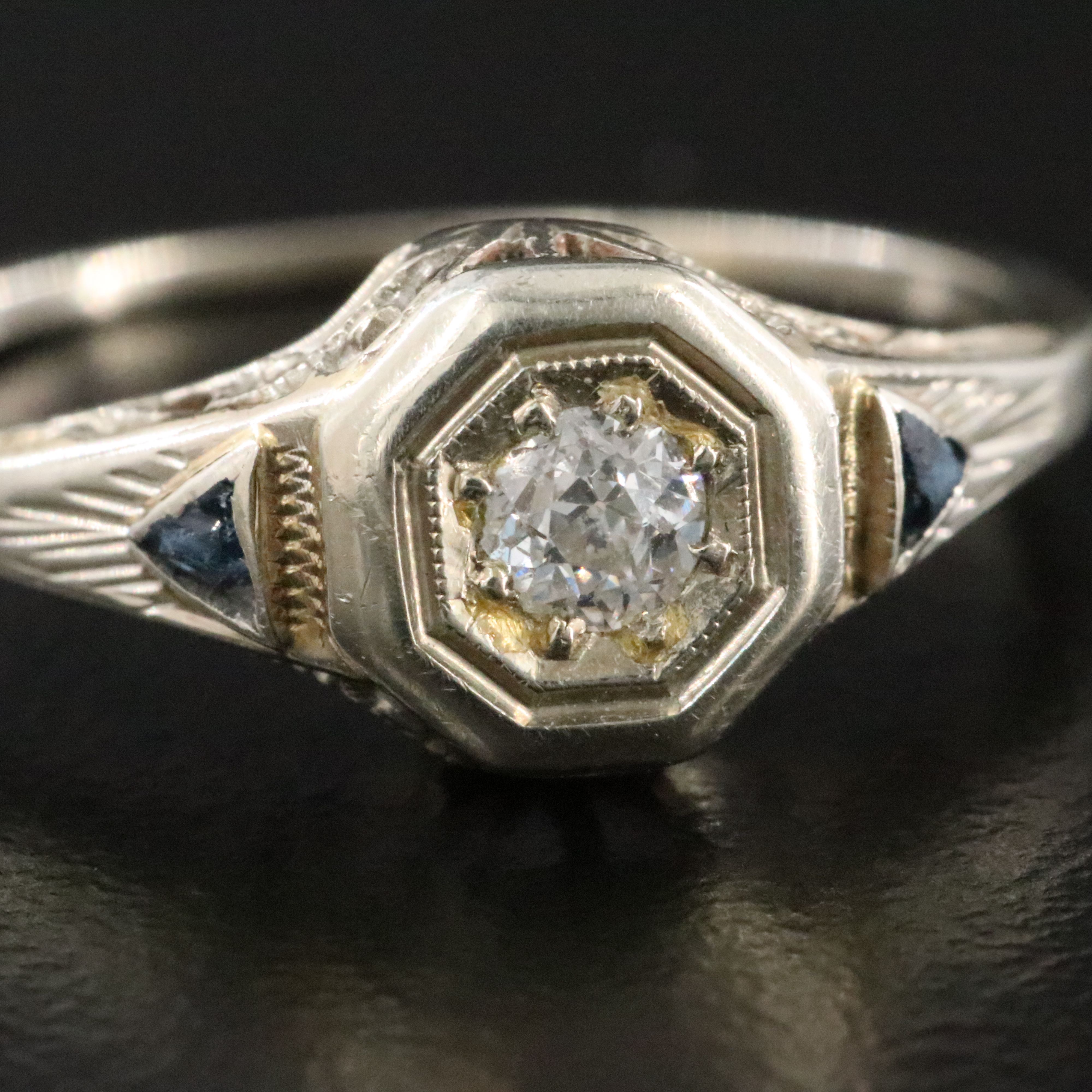 Art Deco 14K and 10K 0.11 CT Diamond and Glass Scrolled Design Ring