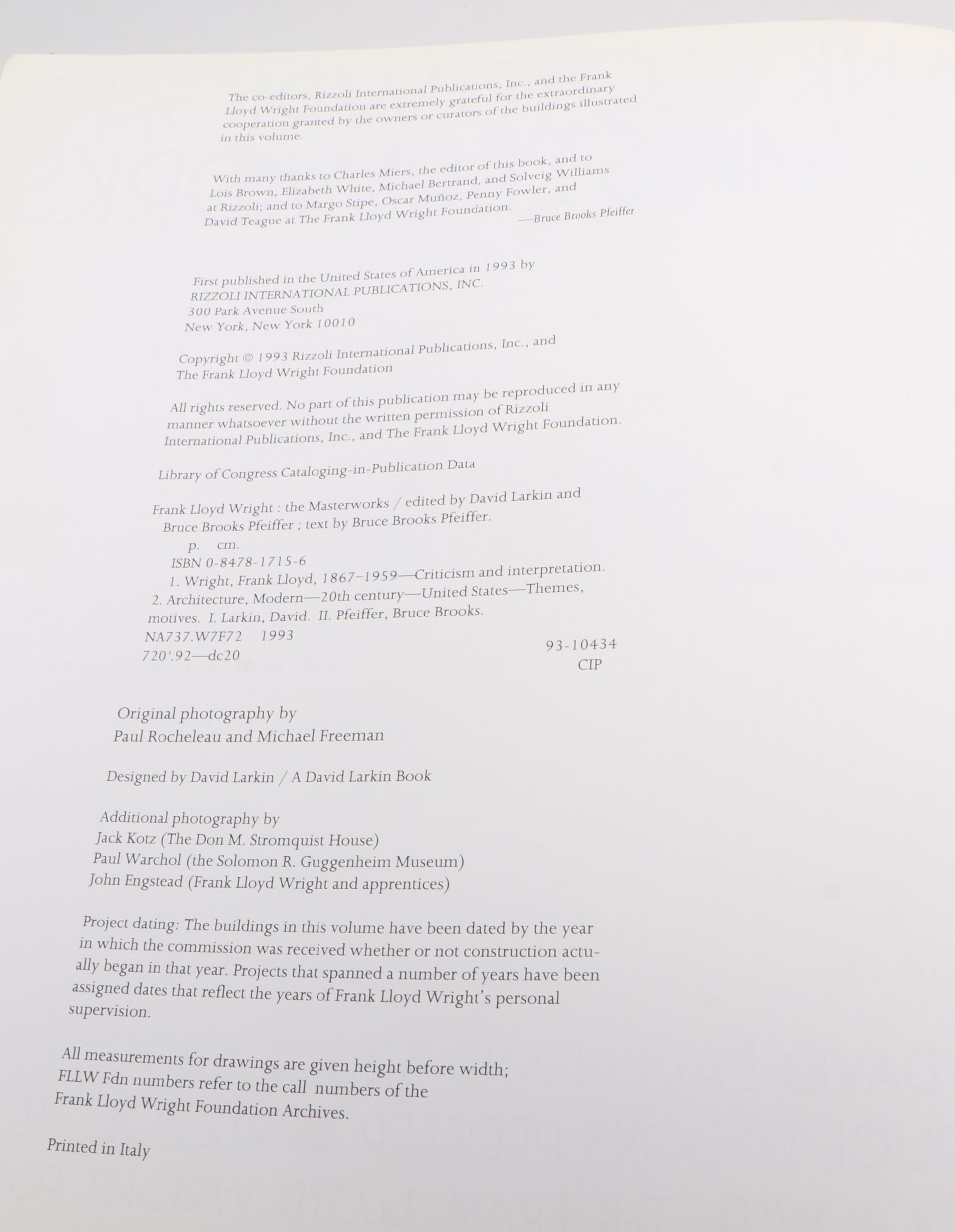 First Edition "Frank Lloyd Wright: The Masterworks" by Pfeiffer and Larkin, 1993