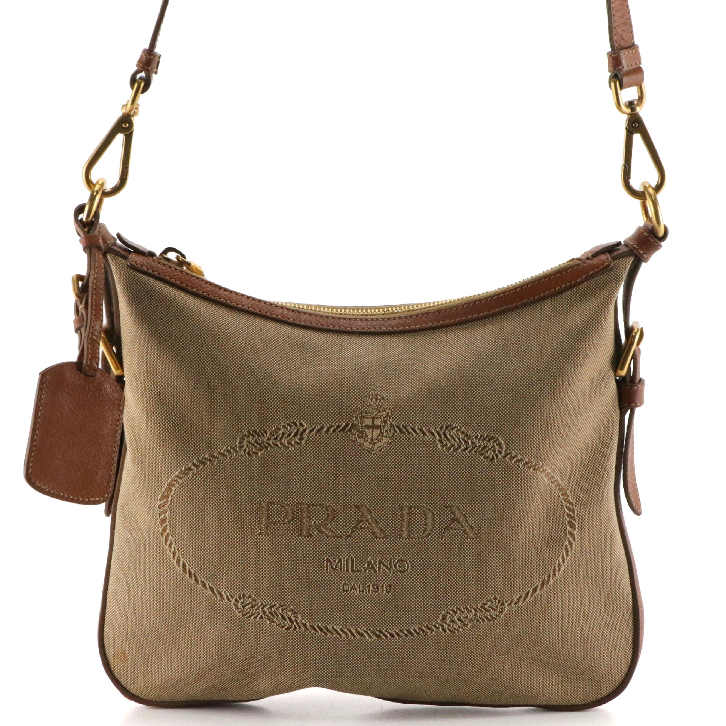 Prada Brown Jacquard Logo Canvas and Leather Crossbody Bag