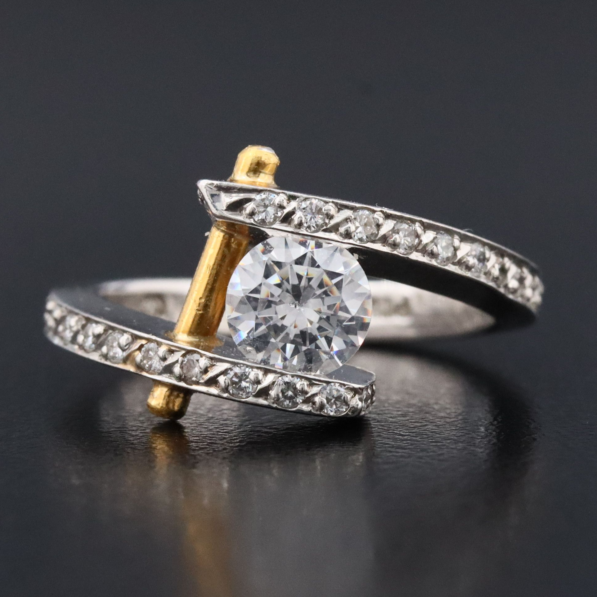 Platinum Bypass Ring with Gold Rod Accent, CZ Center and 0.33 CTW Diamond Sides