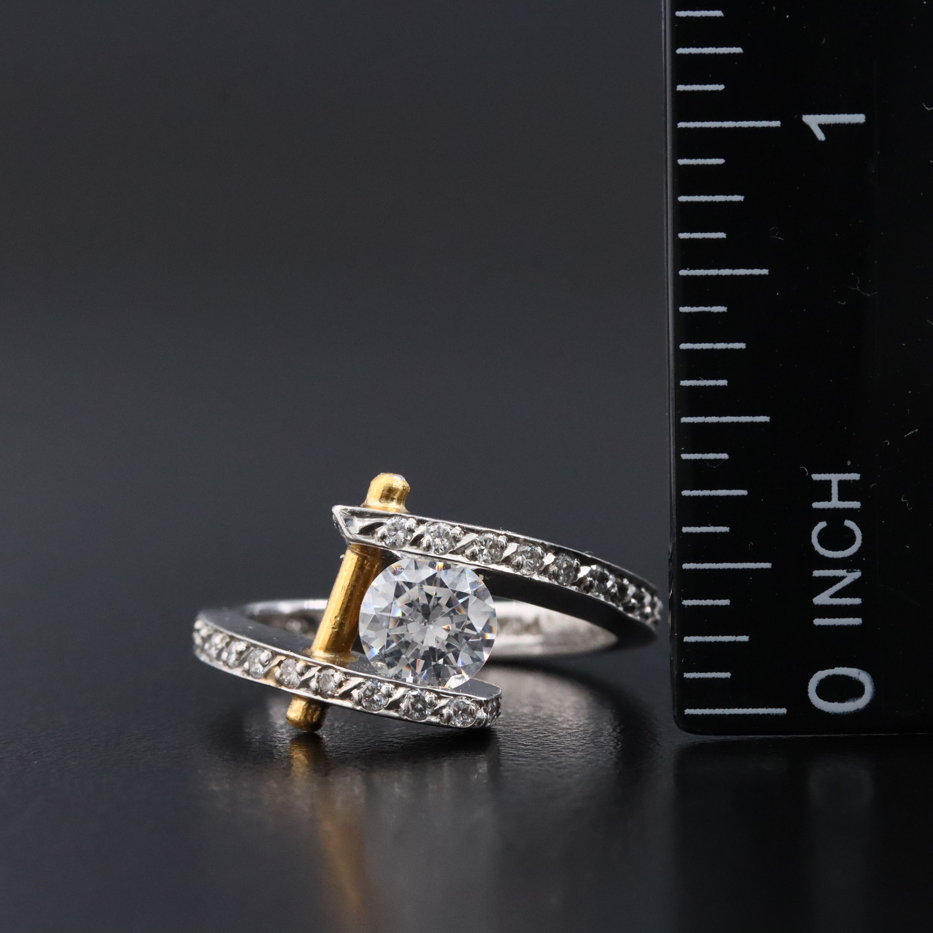 Platinum Bypass Ring with Gold Rod Accent, CZ Center and 0.33 CTW Diamond Sides