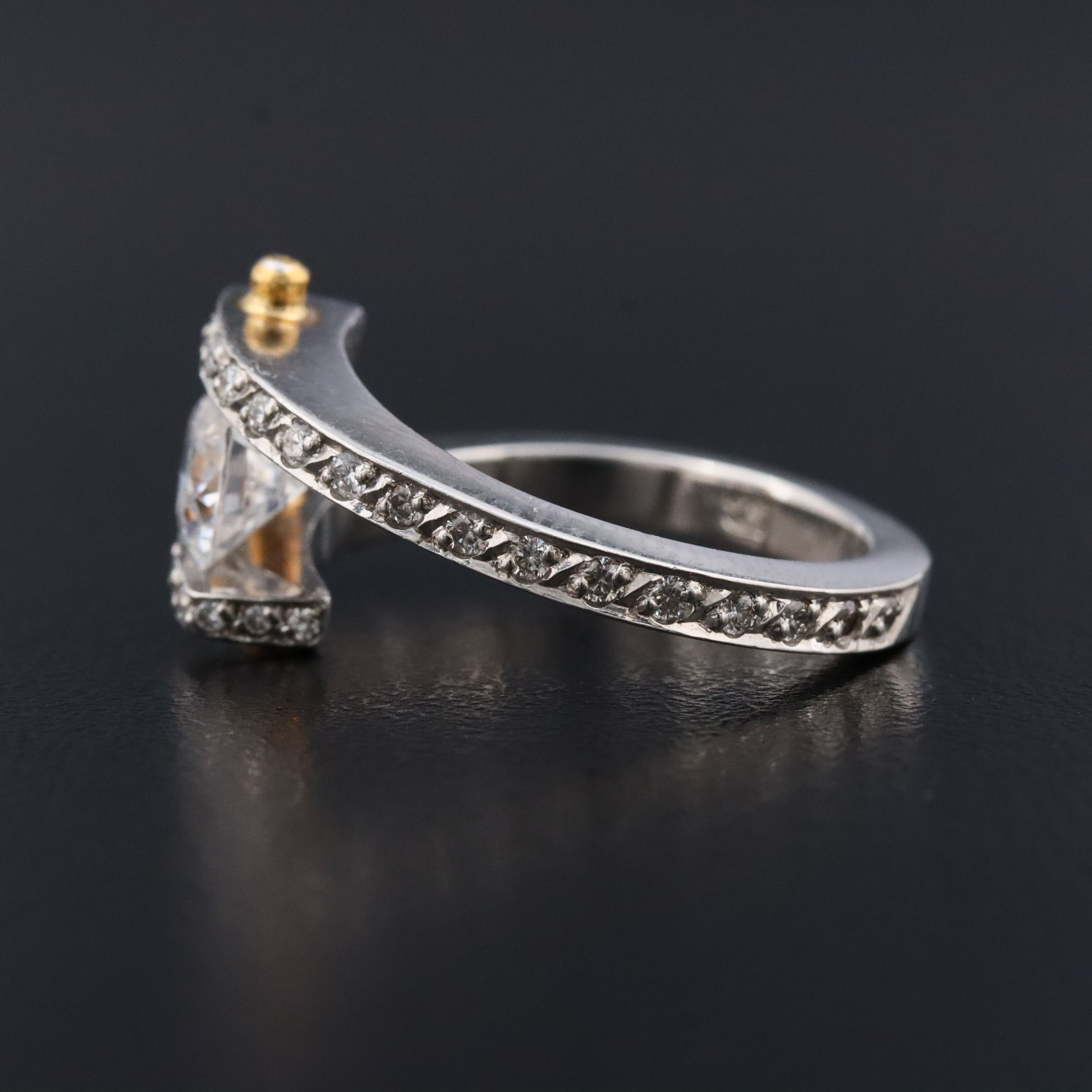 Platinum Bypass Ring with Gold Rod Accent, CZ Center and 0.33 CTW Diamond Sides