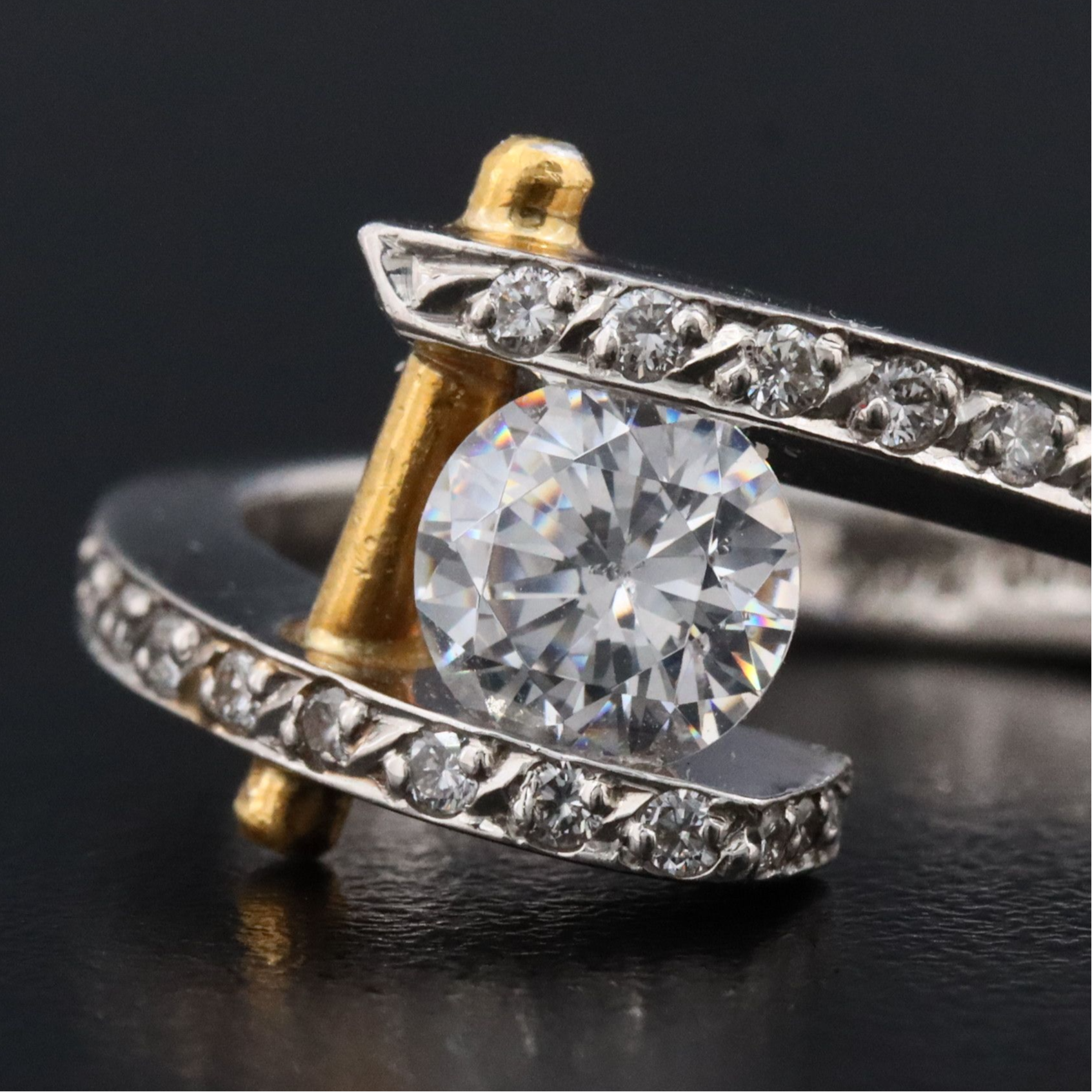 Platinum Bypass Ring with Gold Rod Accent, CZ Center and 0.33 CTW Diamond Sides