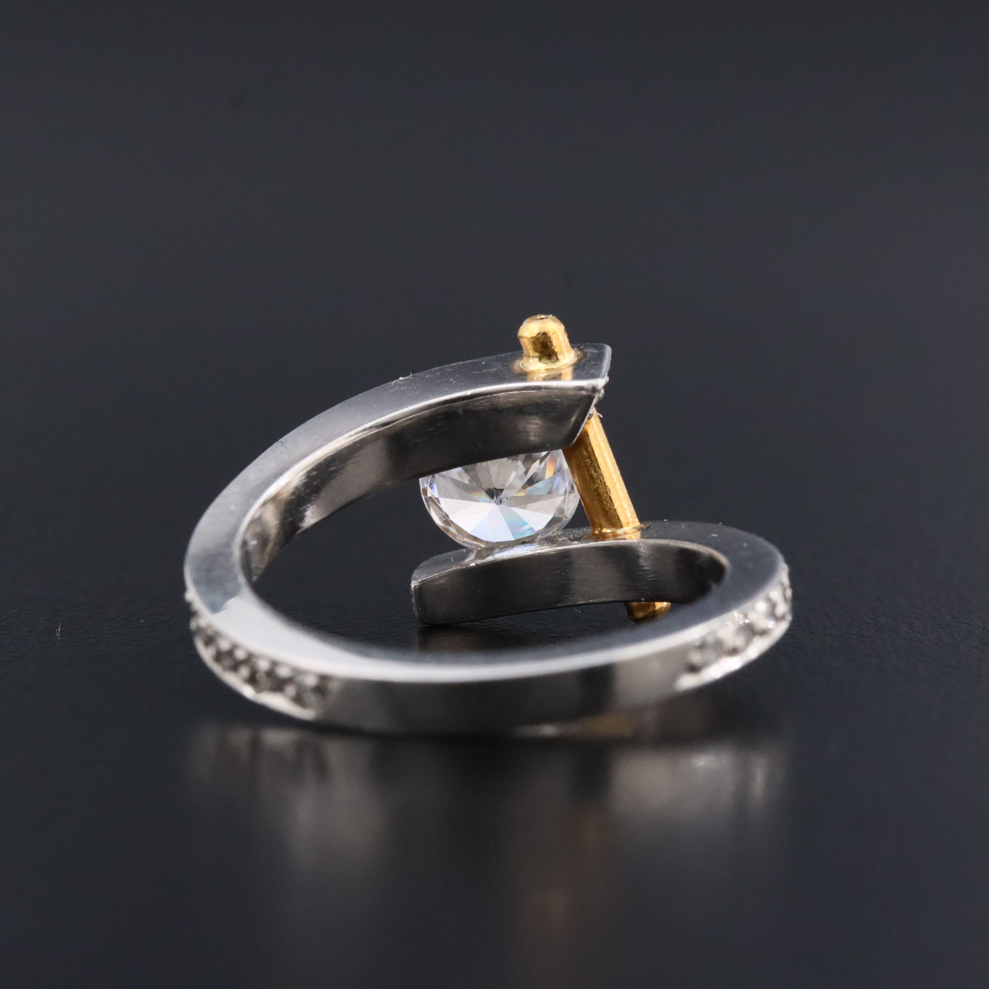Platinum Bypass Ring with Gold Rod Accent, CZ Center and 0.33 CTW Diamond Sides