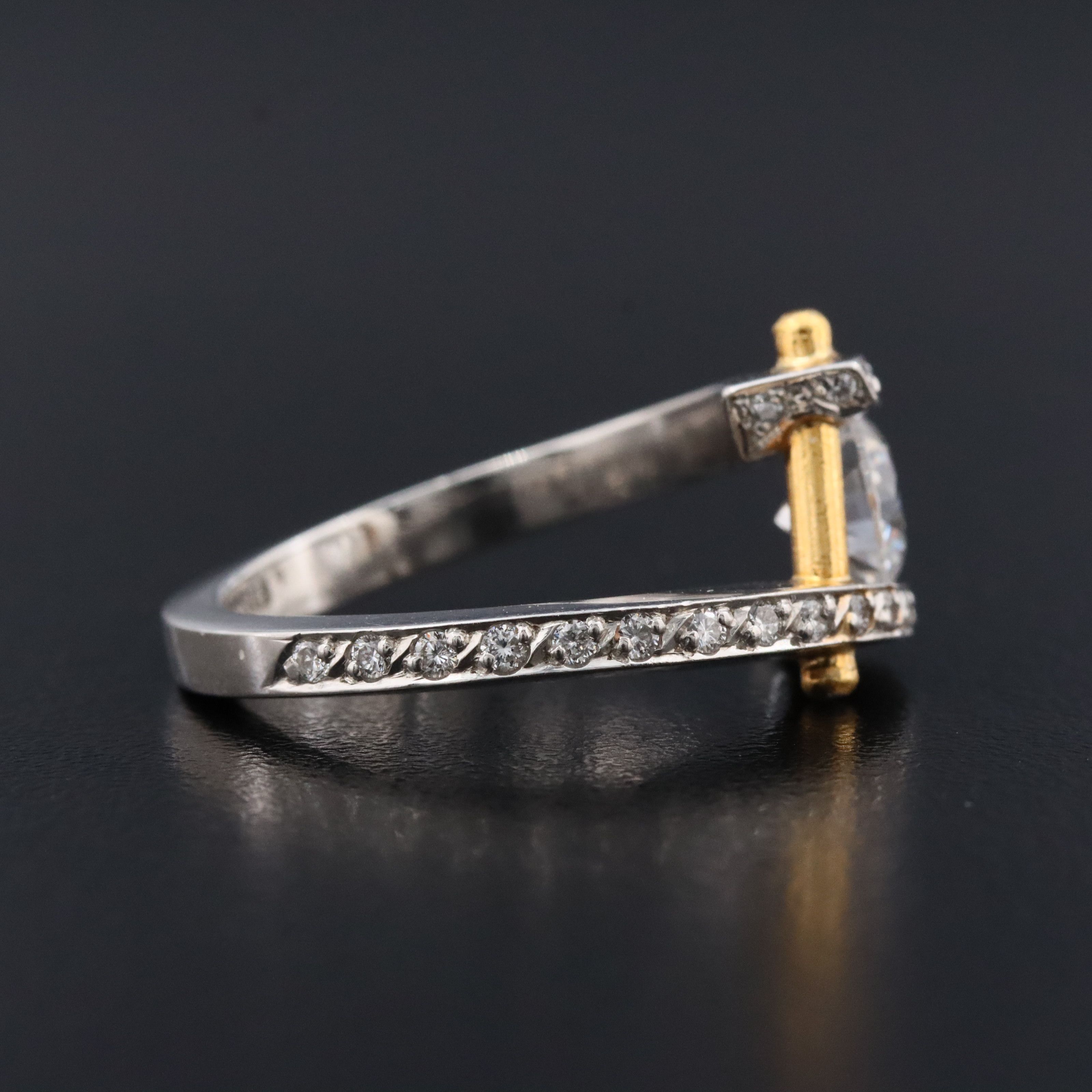 Platinum Bypass Ring with Gold Rod Accent, CZ Center and 0.33 CTW Diamond Sides