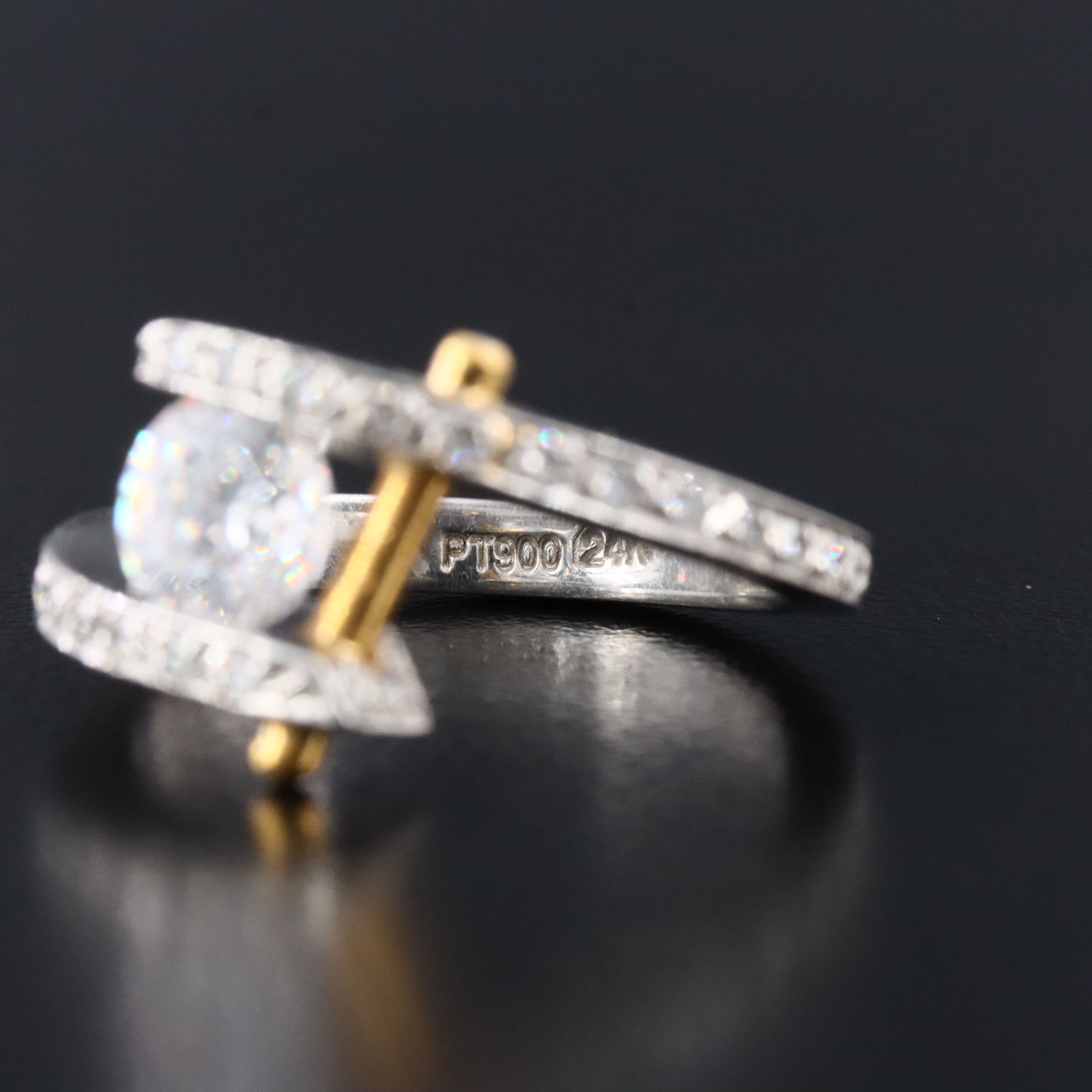 Platinum Bypass Ring with Gold Rod Accent, CZ Center and 0.33 CTW Diamond Sides