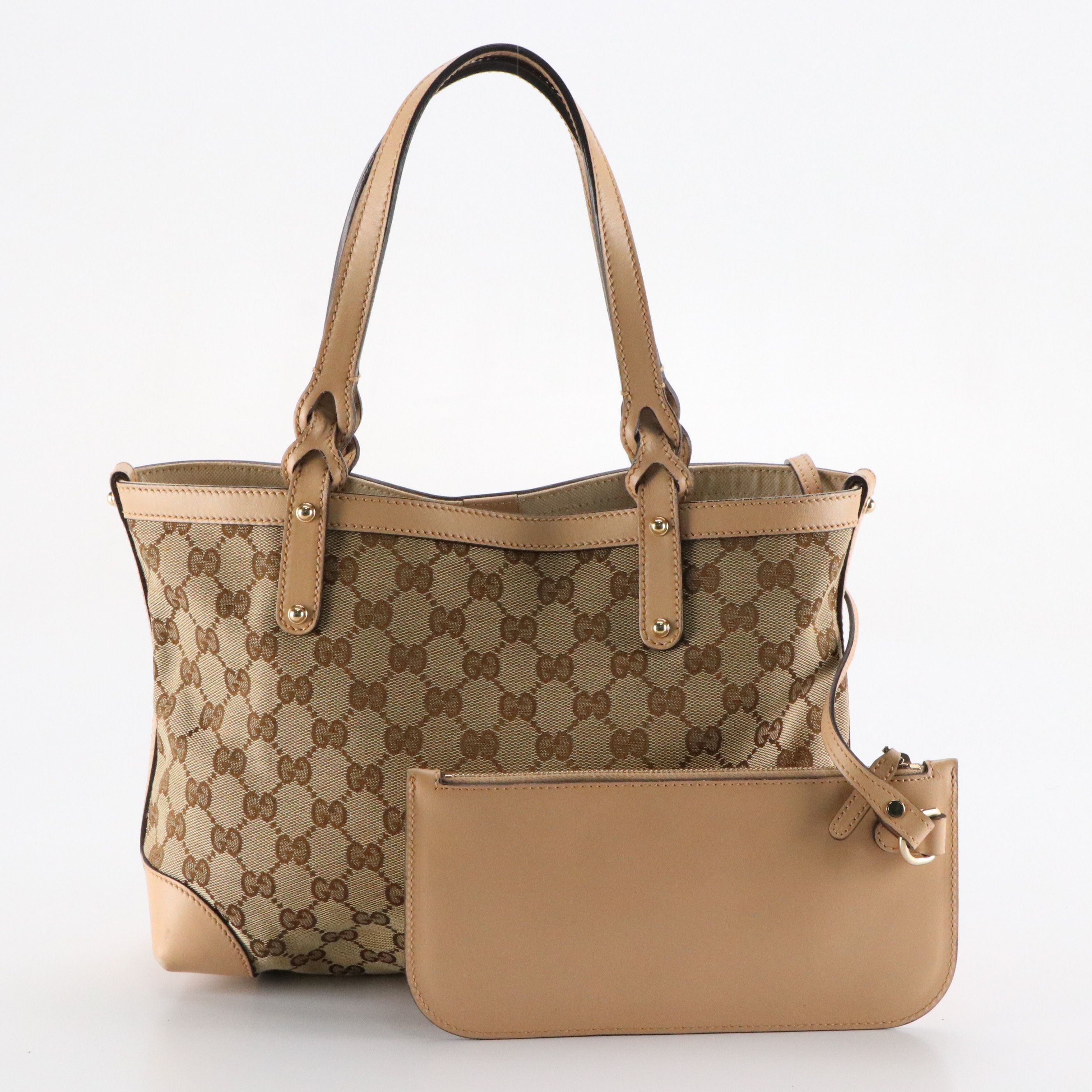 Gucci Signature Craft Tote Bag and Zip Pouch in GG Canvas and Blush/Tan Leather