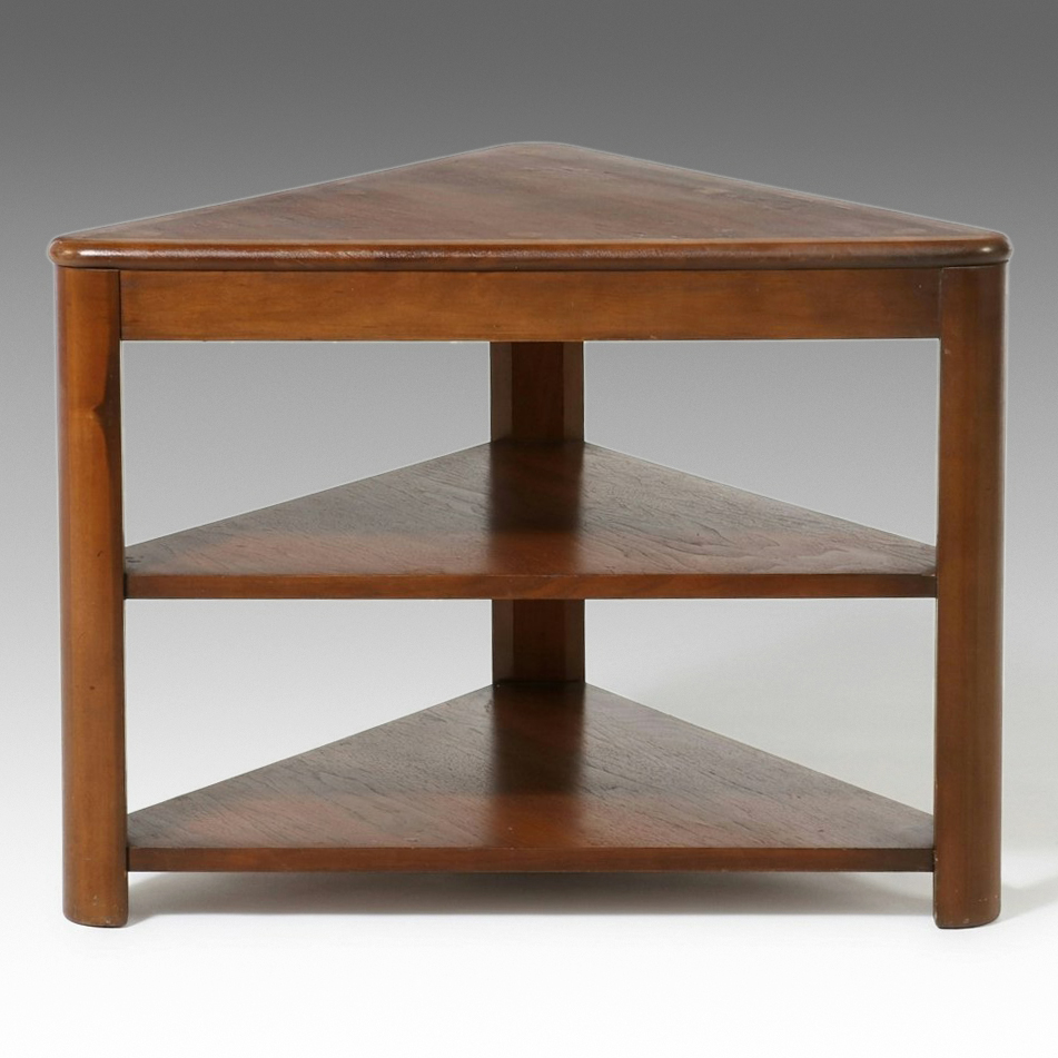 Lane "Acclaim" Series Triangular Walnut & Fruitwood Tiered Corner Table, 1964