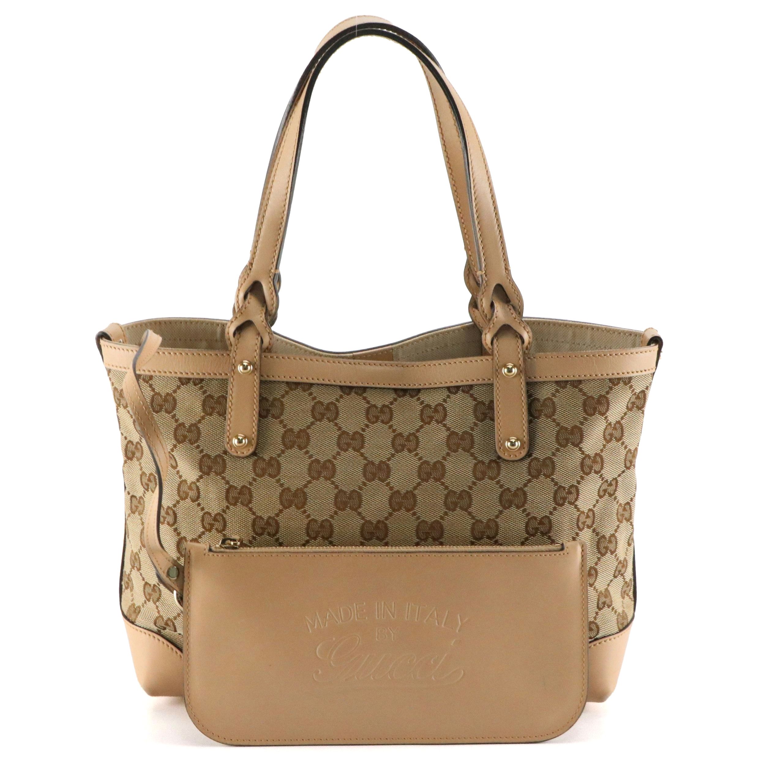 Gucci Signature Craft Tote Bag and Zip Pouch in GG Canvas and Blush/Tan Leather