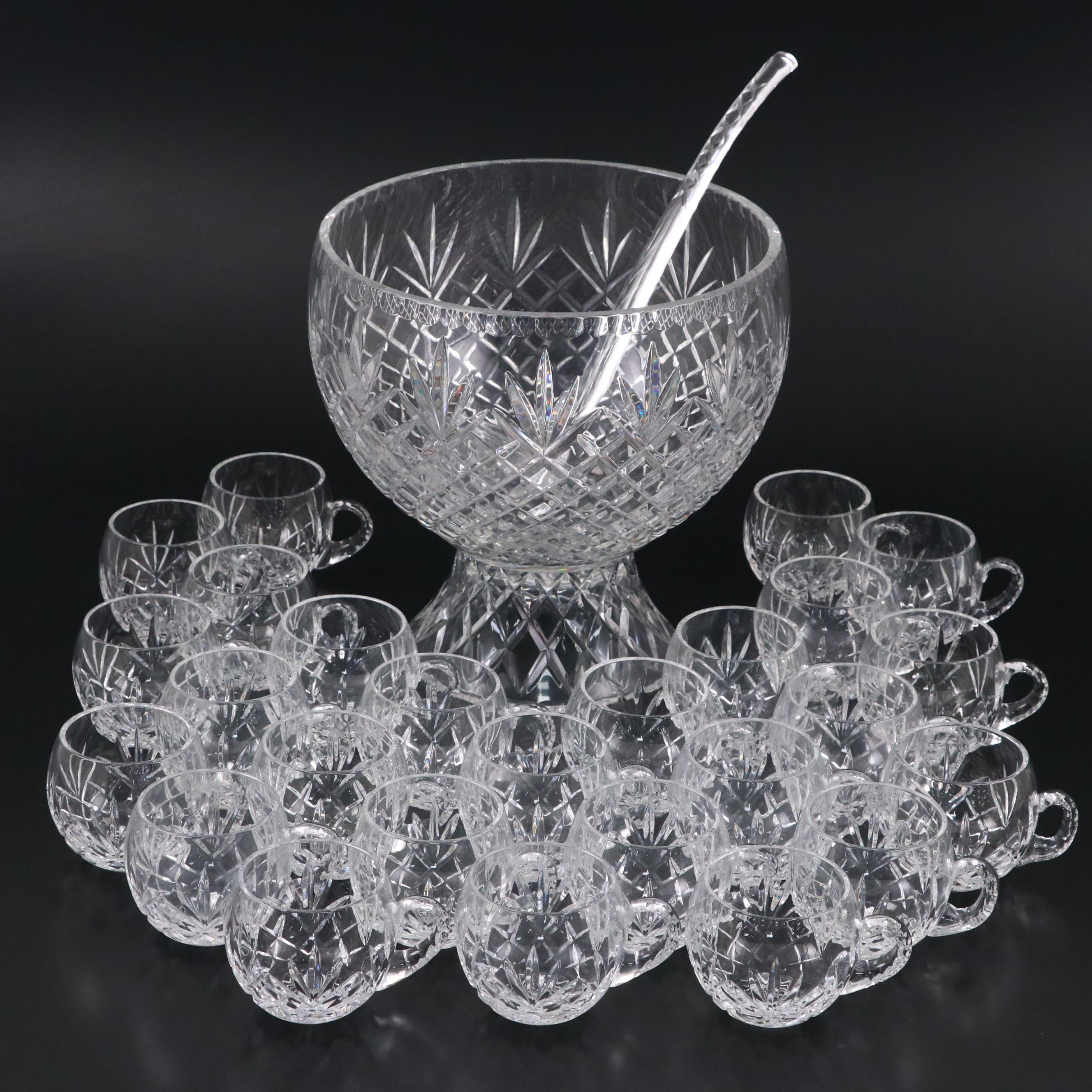 Waterford Crystal Punch Bowl with Ofnah "Windsor" Punch Cups and Other Ladle