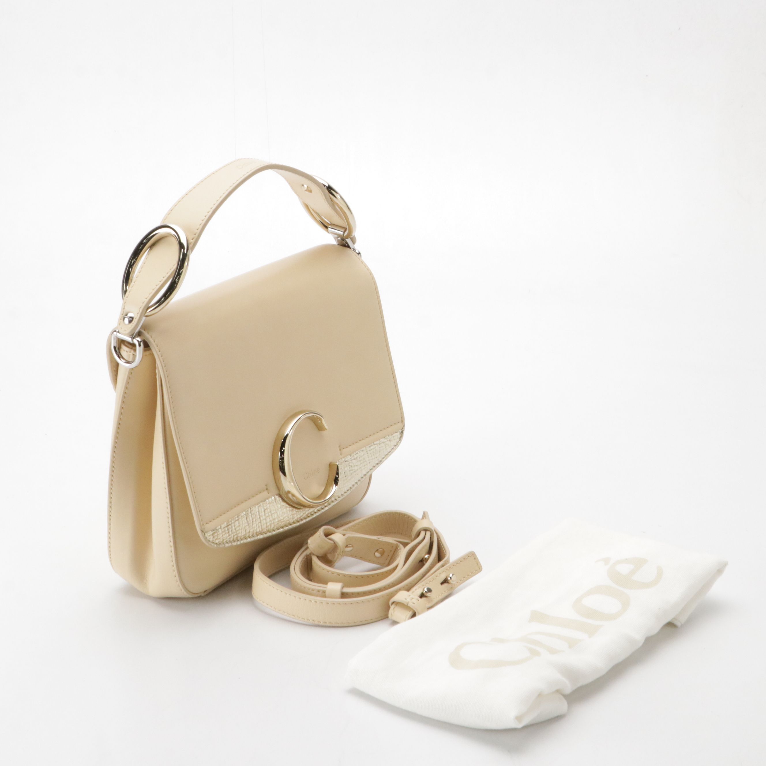 Chloé Small C Two-Way Bag in Beige Smooth Calf Leather and Metallic Accent