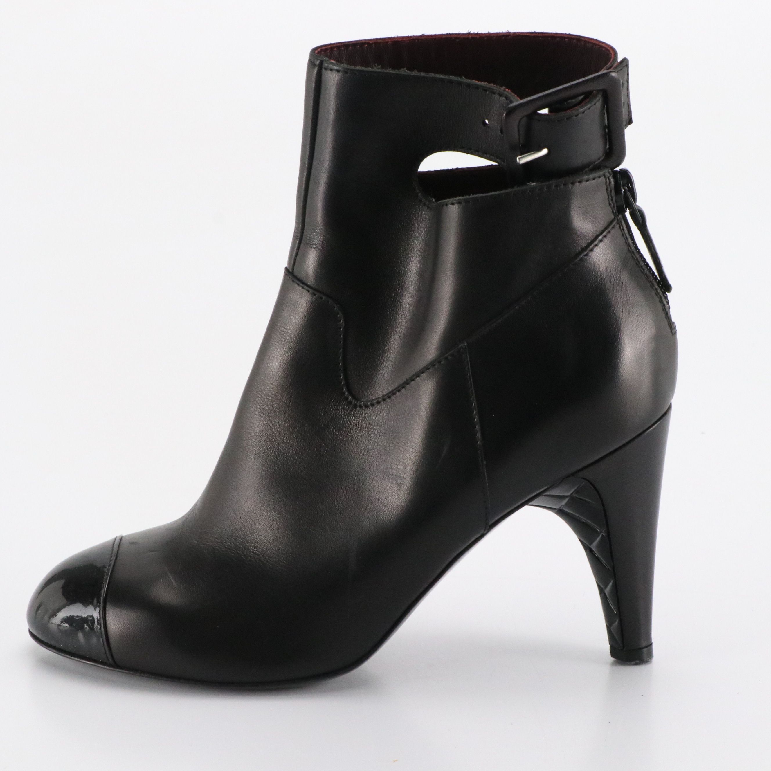 Chanel Black Lambskin Leather and Patent Leather Cap-Toe Ankle-Strap Boots