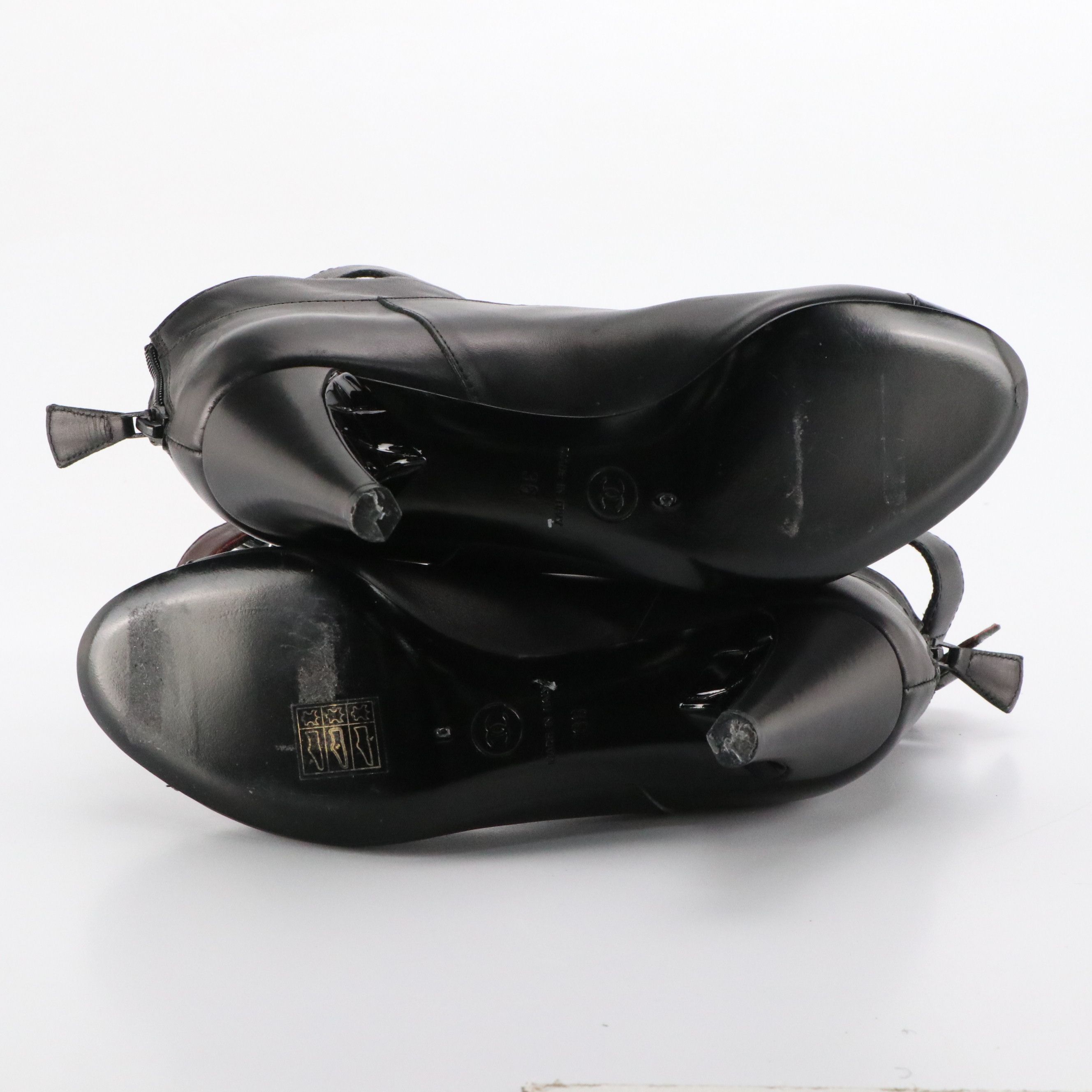 Chanel Black Lambskin Leather and Patent Leather Cap-Toe Ankle-Strap Boots