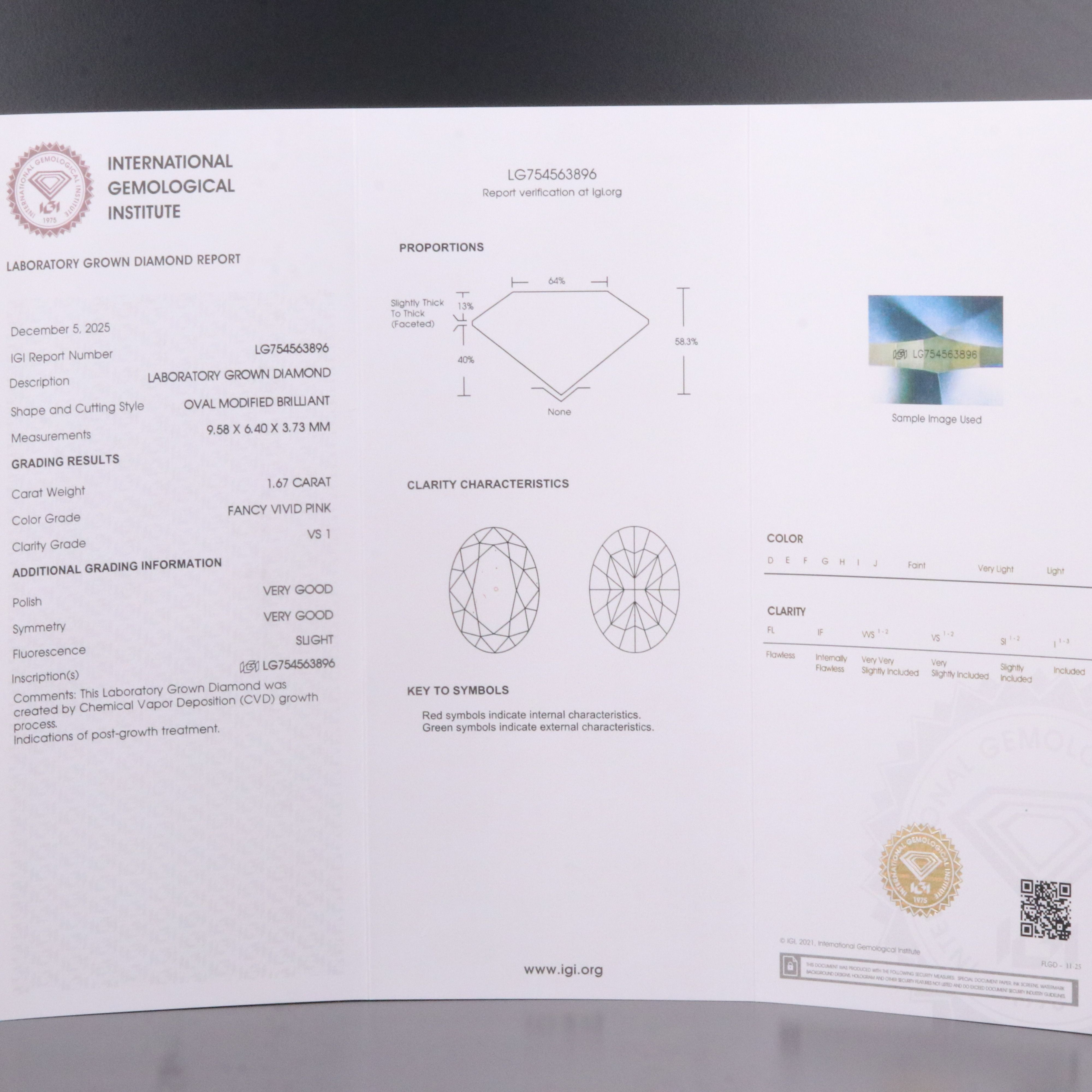 Loose 1.67 CT Lab Grown Fancy Vivid Pink Diamond with IGI Report