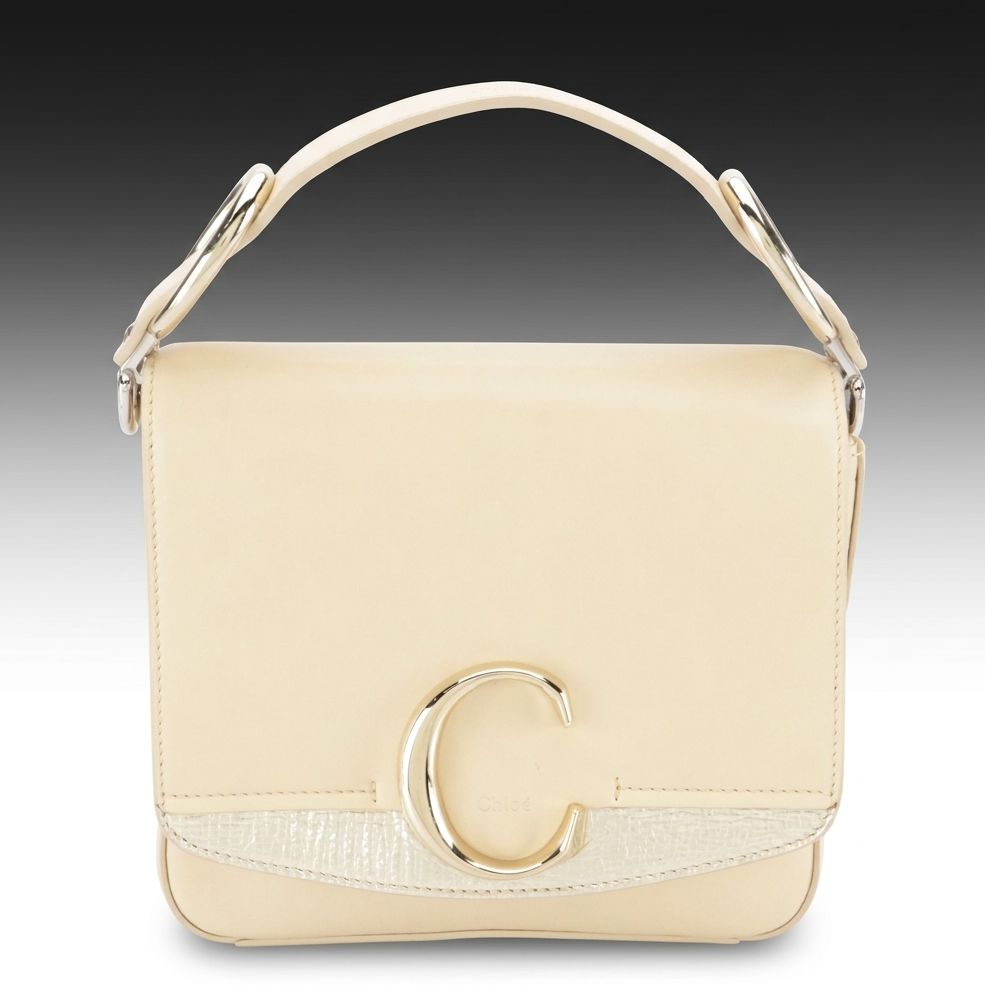 Chloé Small C Two-Way Bag in Beige Smooth Calf Leather and Metallic Accent