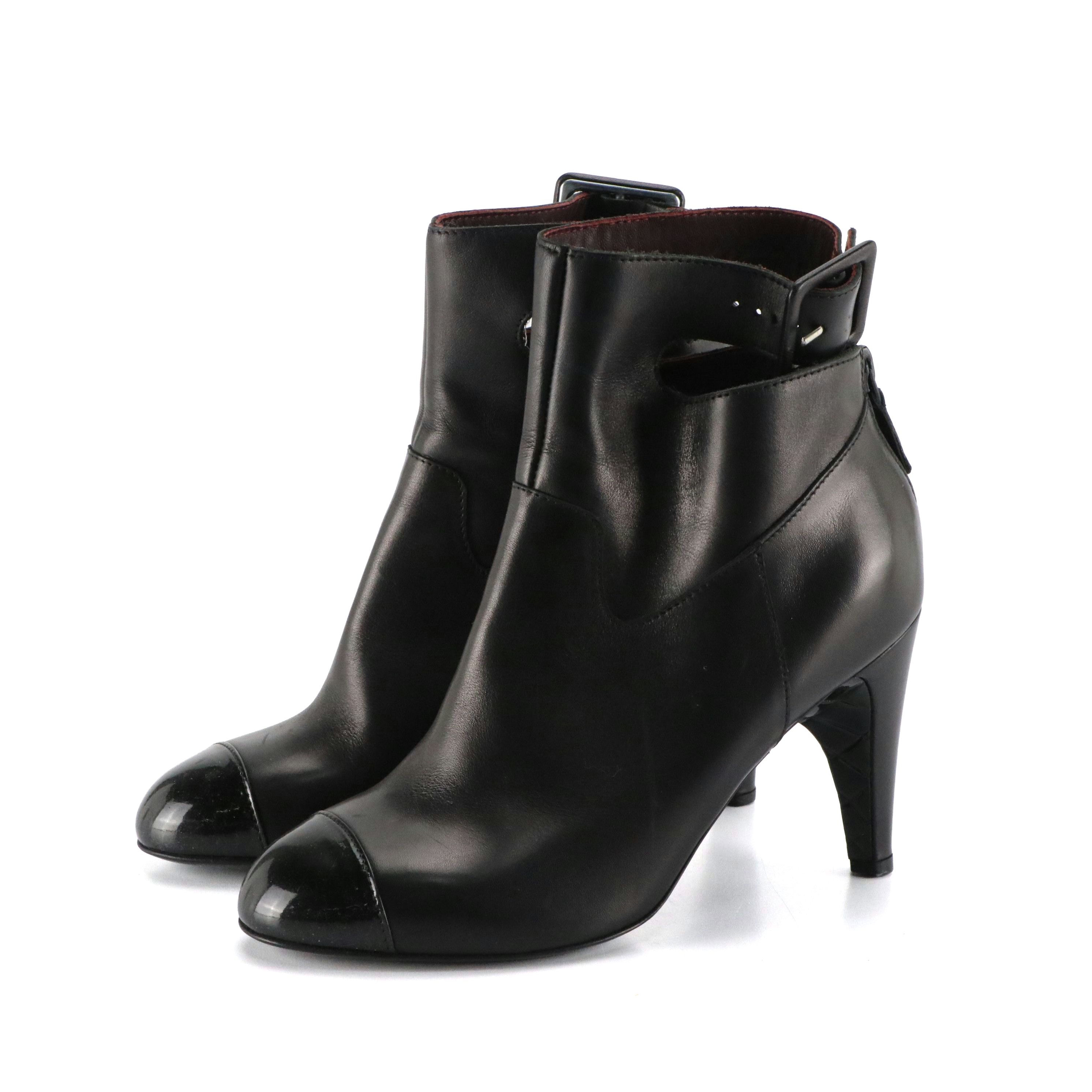 Chanel Black Lambskin Leather and Patent Leather Cap-Toe Ankle-Strap Boots
