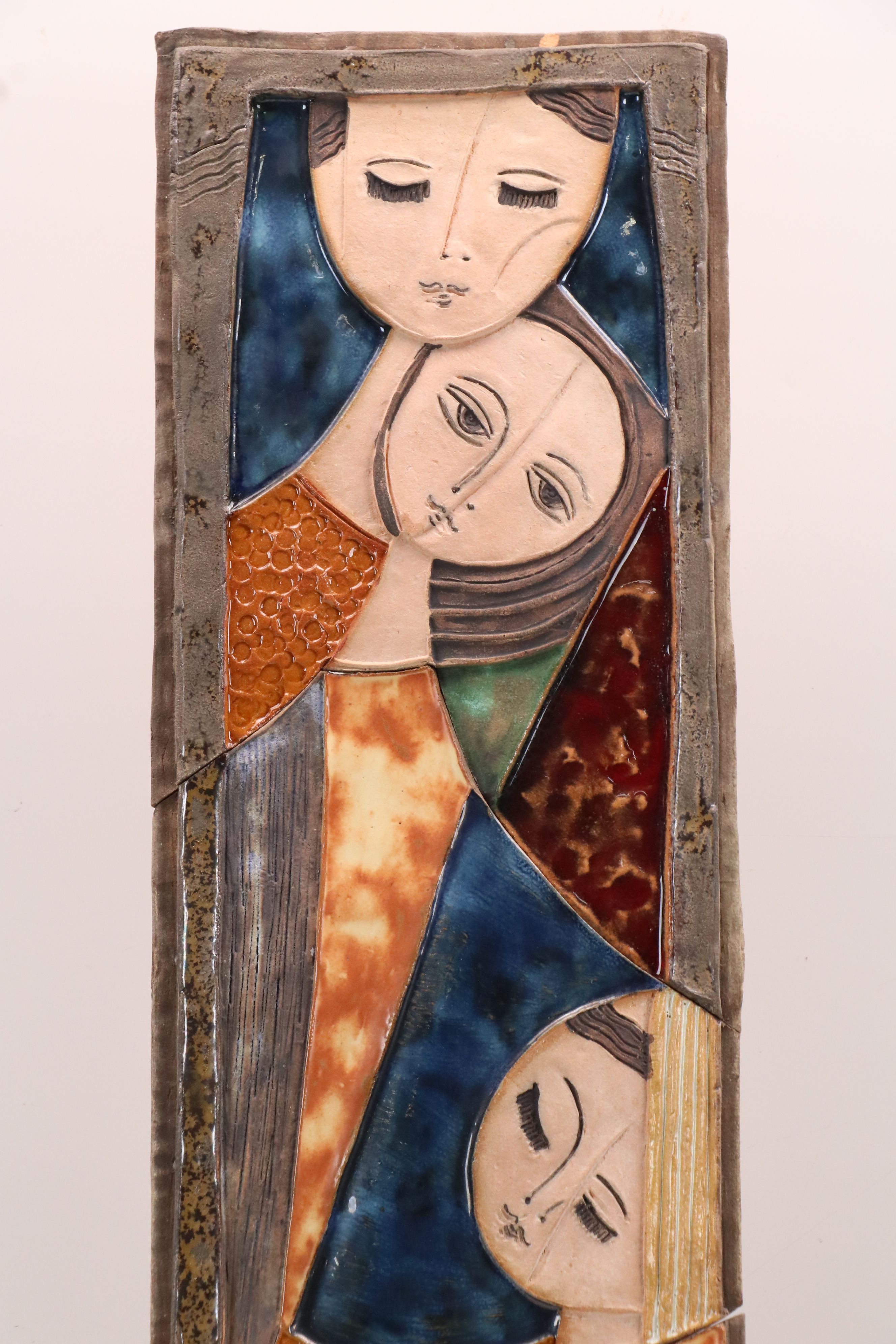 Ruth Faktorowicz Glazed Ceramic Relief Portrait of Family, Mid-Late 20th Century