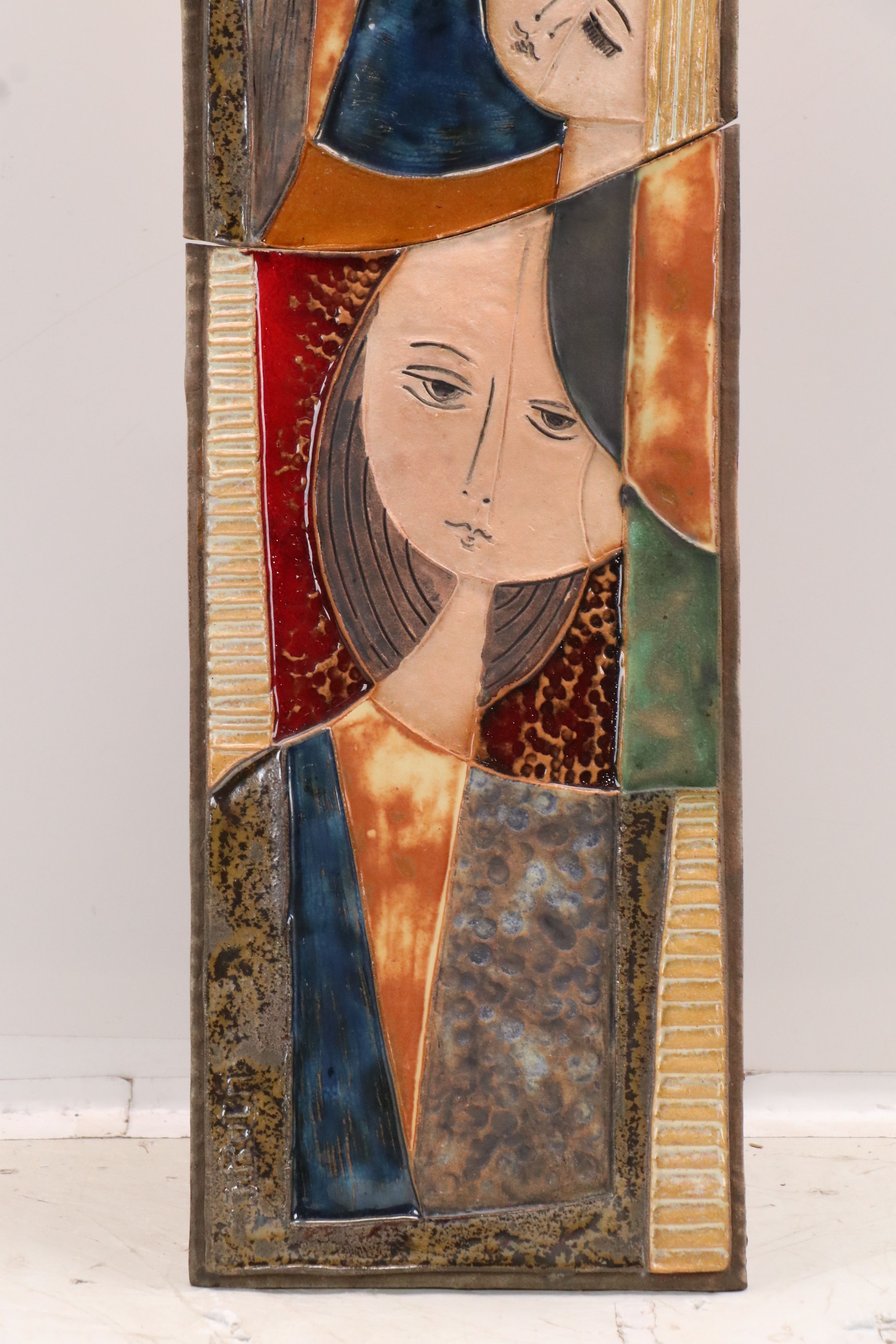 Ruth Faktorowicz Glazed Ceramic Relief Portrait of Family, Mid-Late 20th Century