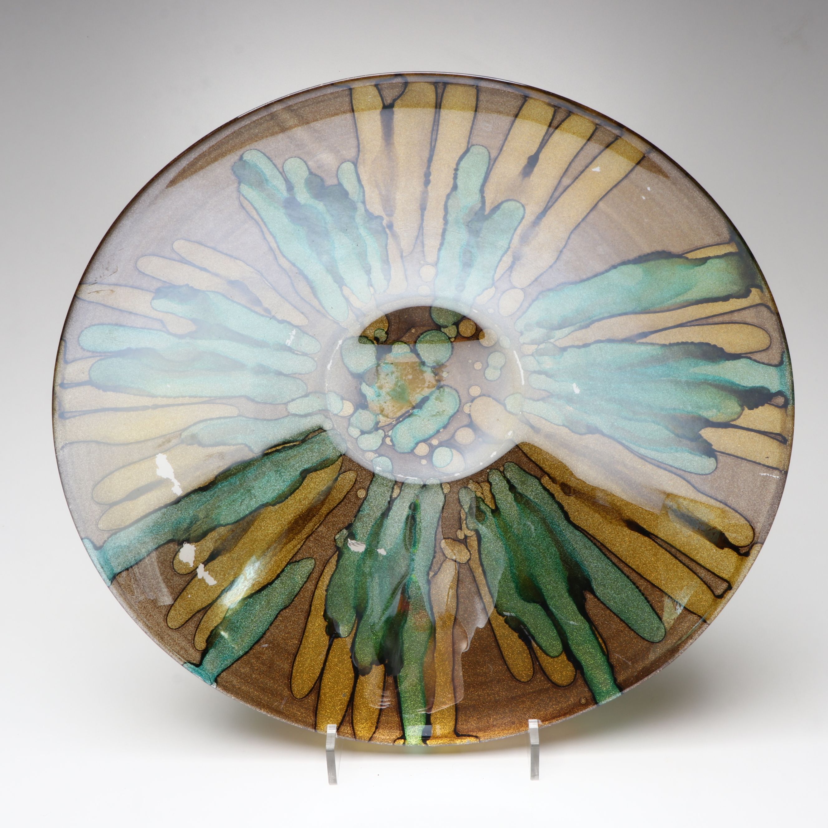 Contemporary Green and Blue Ceramic Vases and Glass Bowl with Candlesticks