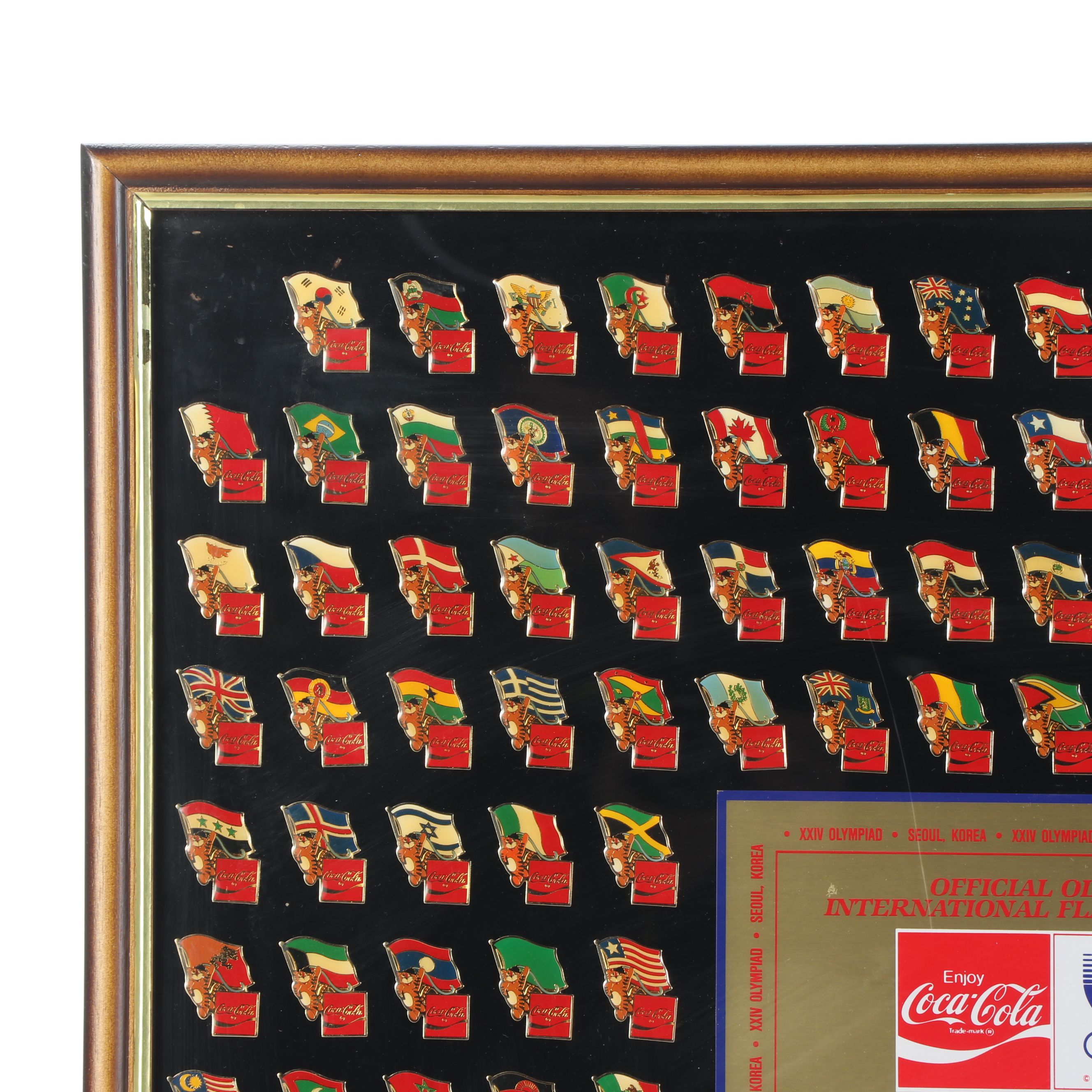 Framed Olympic and Coca-Cola International Flag Pin Set, 1983