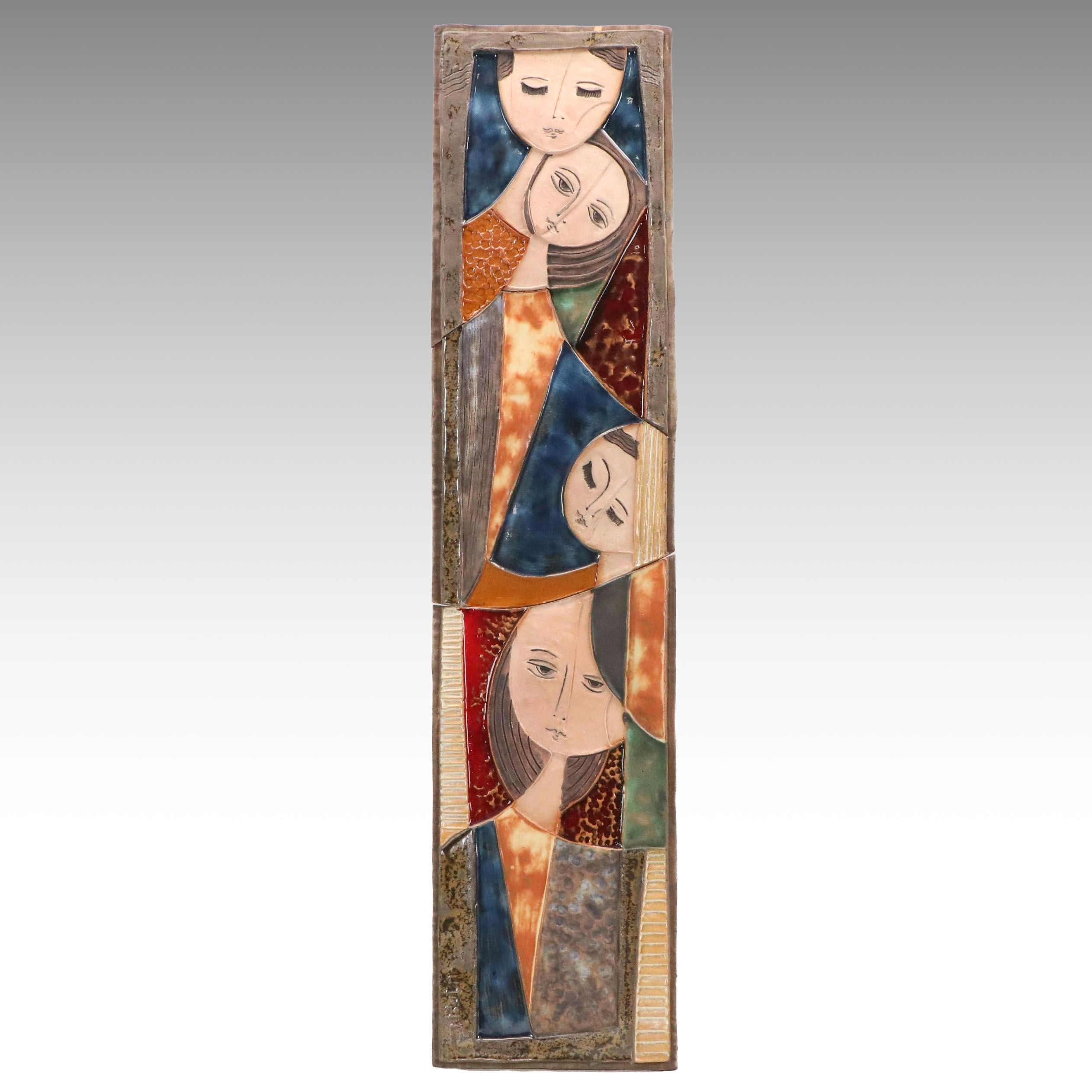 Ruth Faktorowicz Glazed Ceramic Relief Portrait of Family, Mid-Late 20th Century