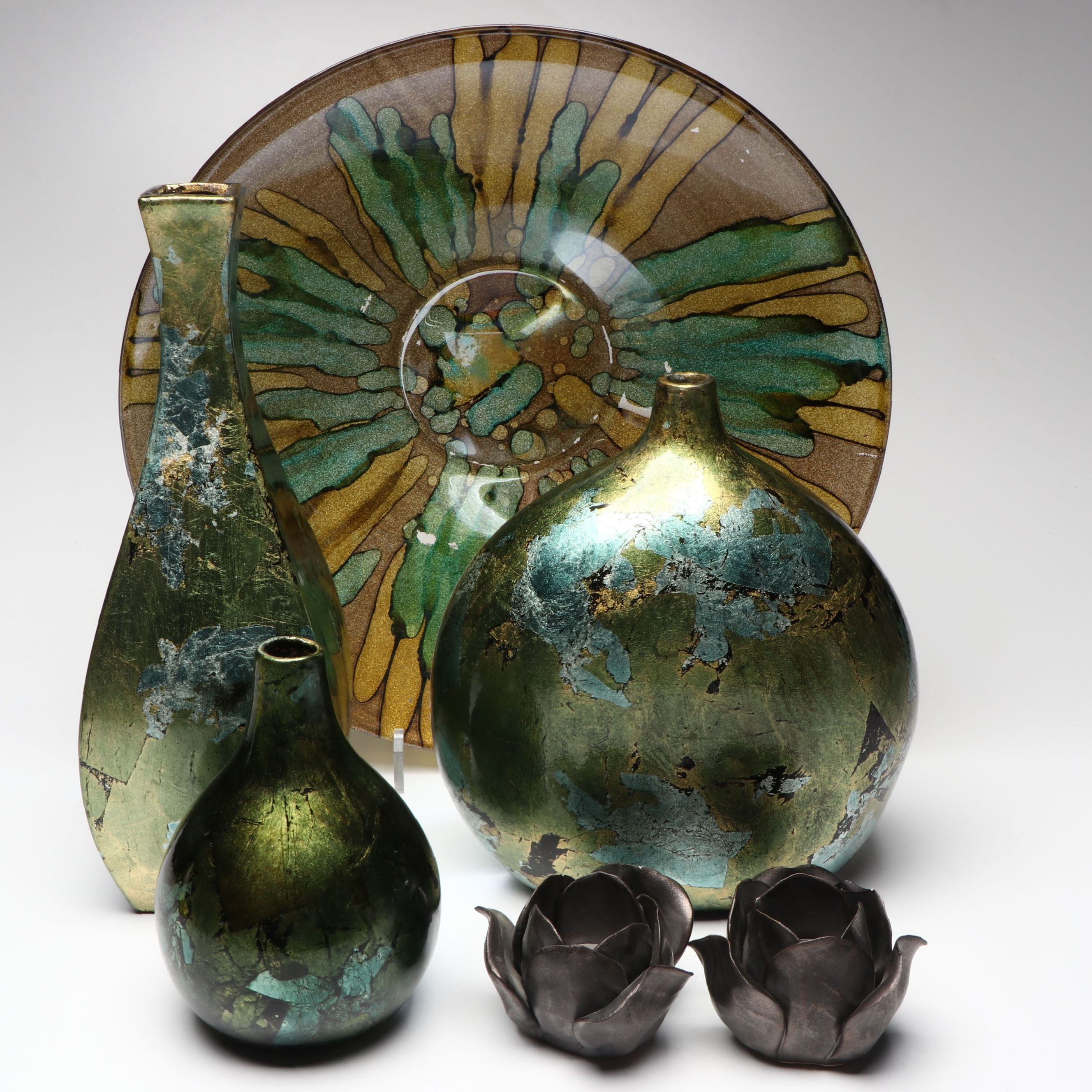 Contemporary Green and Blue Ceramic Vases and Glass Bowl with Candlesticks