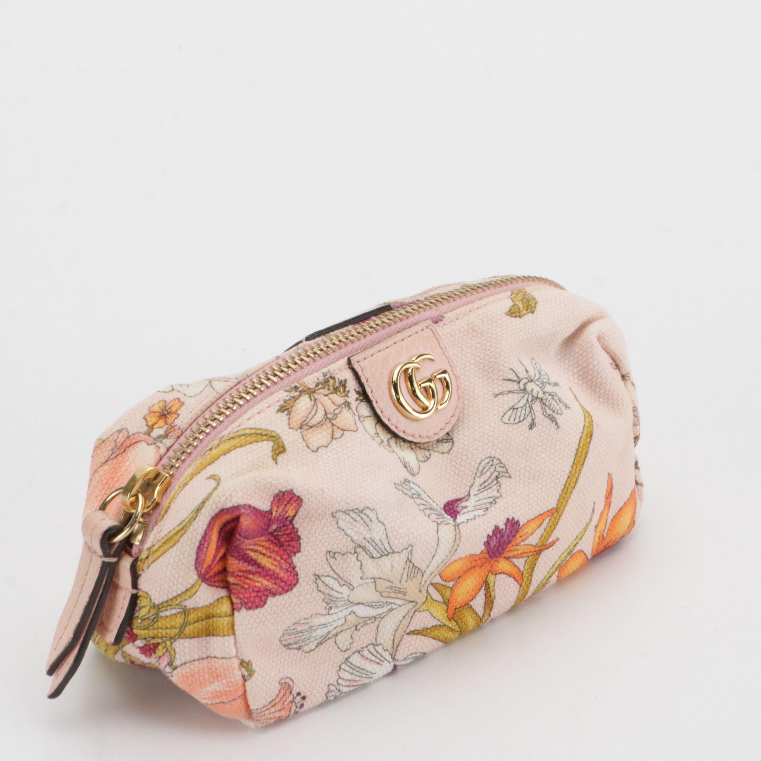 Gucci Limited Edition Flora Canvas Zip Pouch with Pink Leather Trim