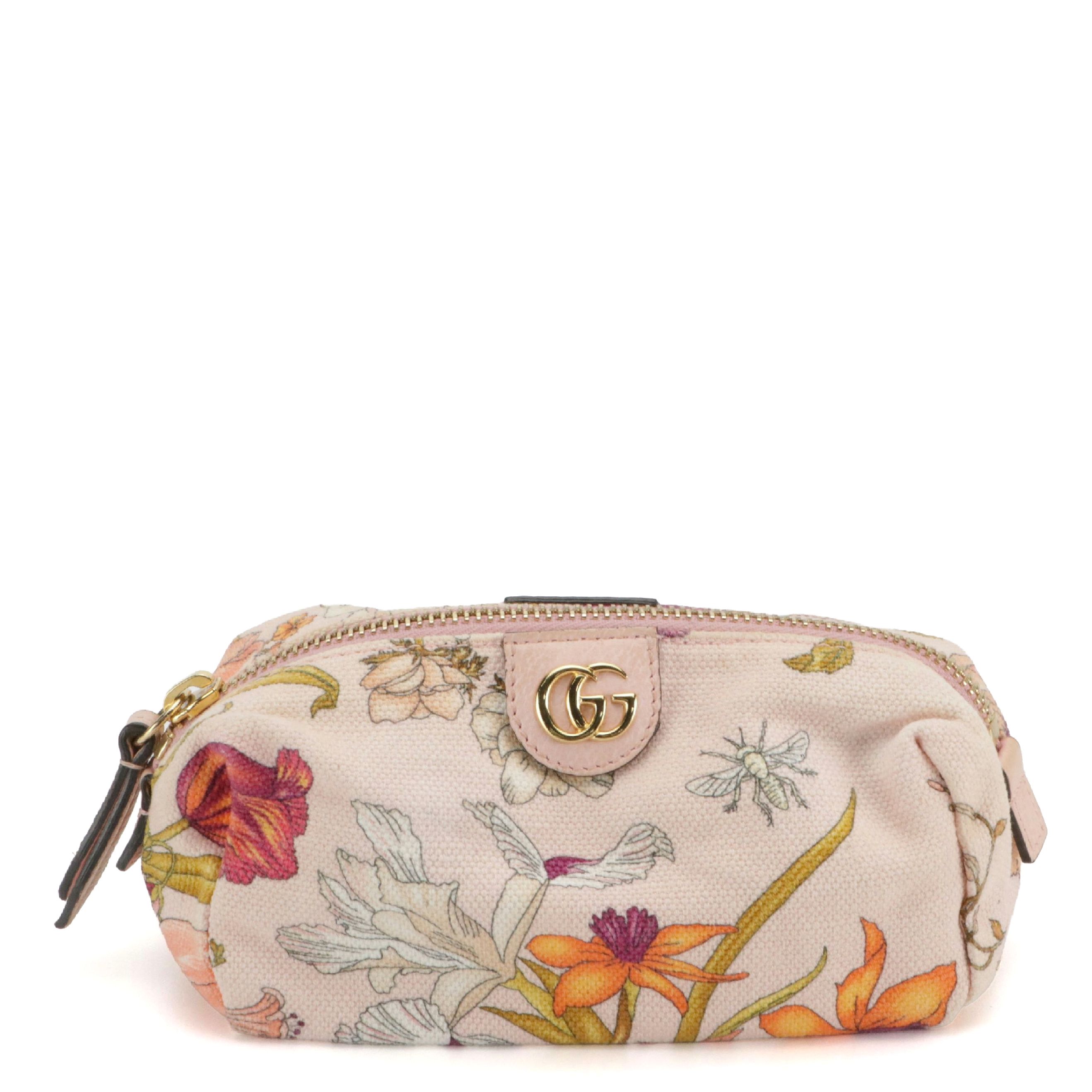 Gucci Limited Edition Flora Canvas Zip Pouch with Pink Leather Trim