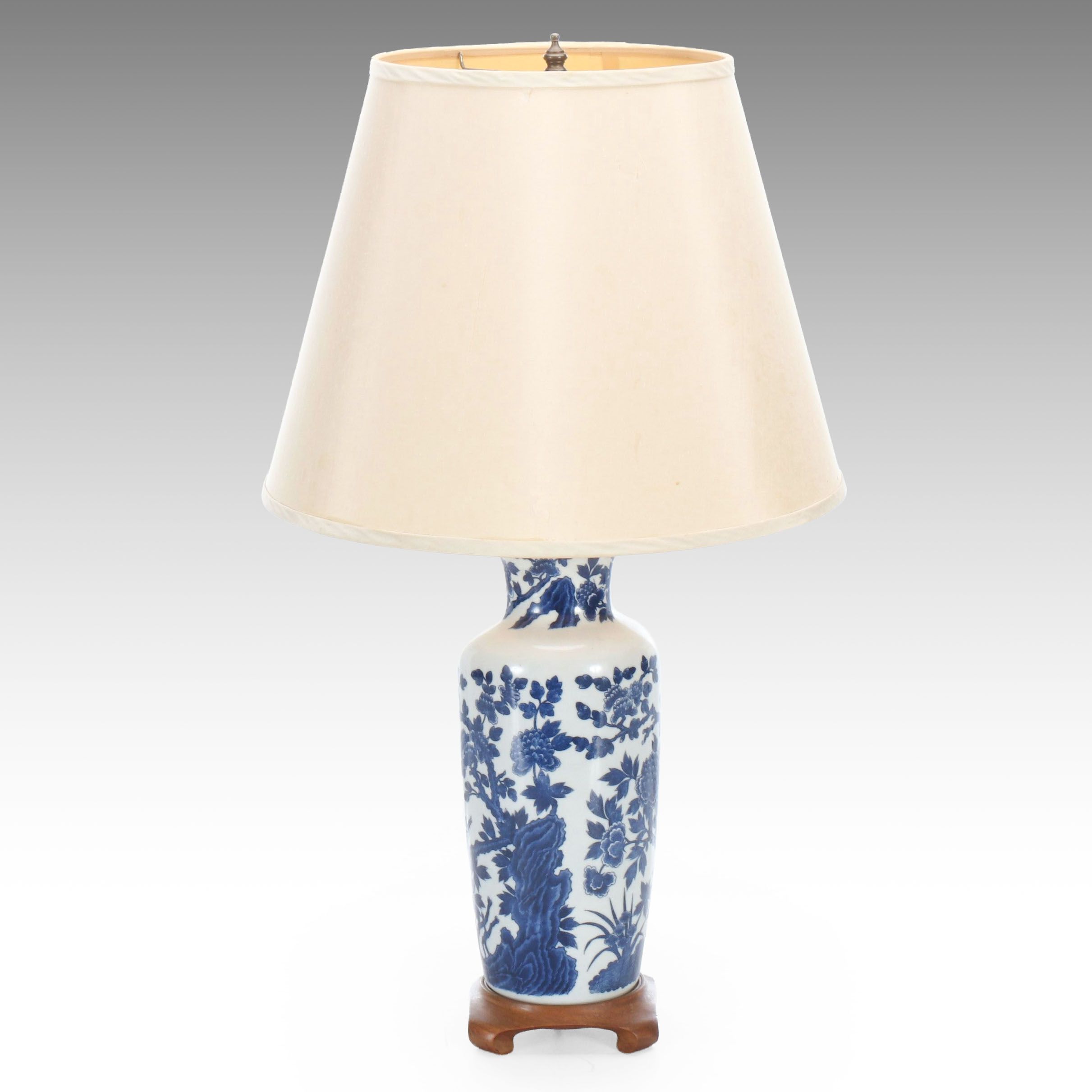 Chinese Blue and White Floral Porcelain Table Lamp with Silk Shade