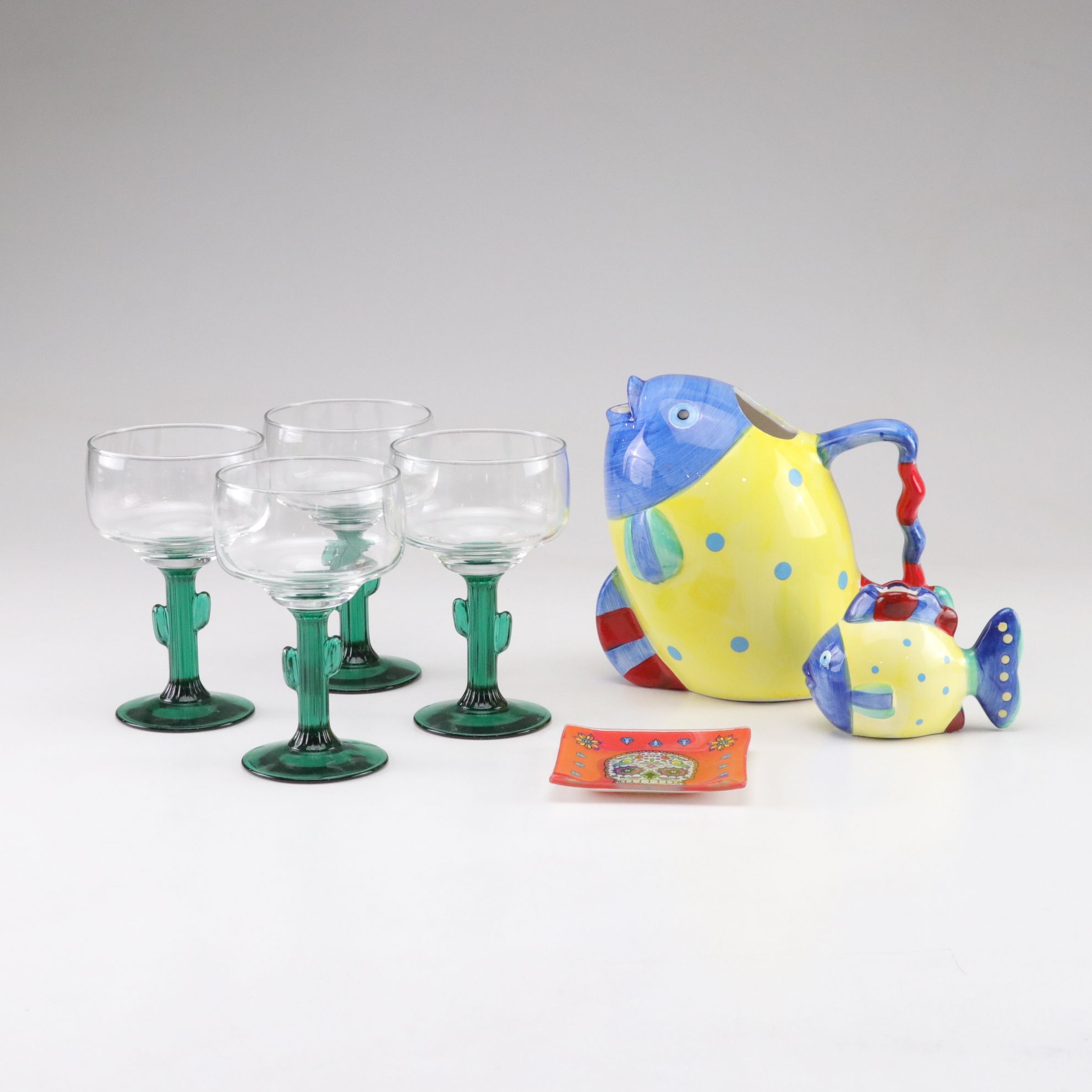 Lillian Vernon Fish Pitcher and Candlestick with Libbey Cactus Margarita Glasses