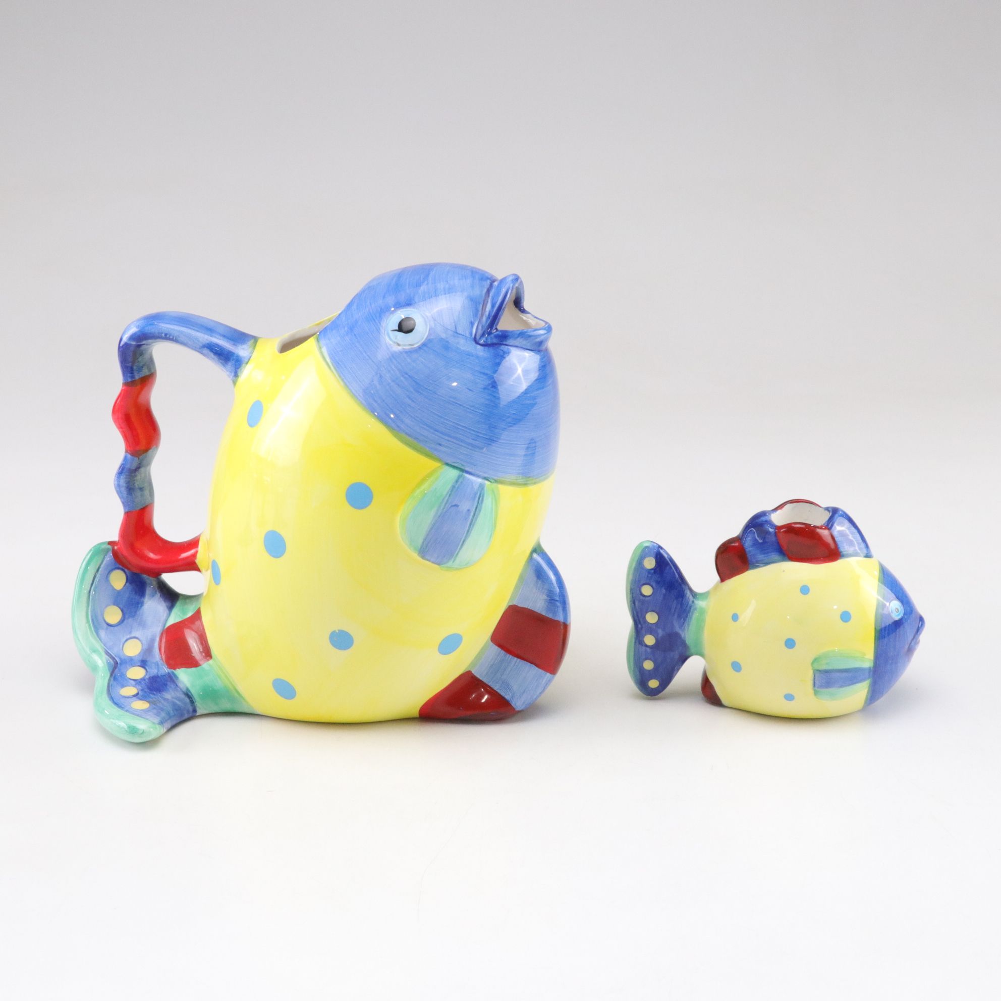 Lillian Vernon Fish Pitcher and Candlestick with Libbey Cactus Margarita Glasses