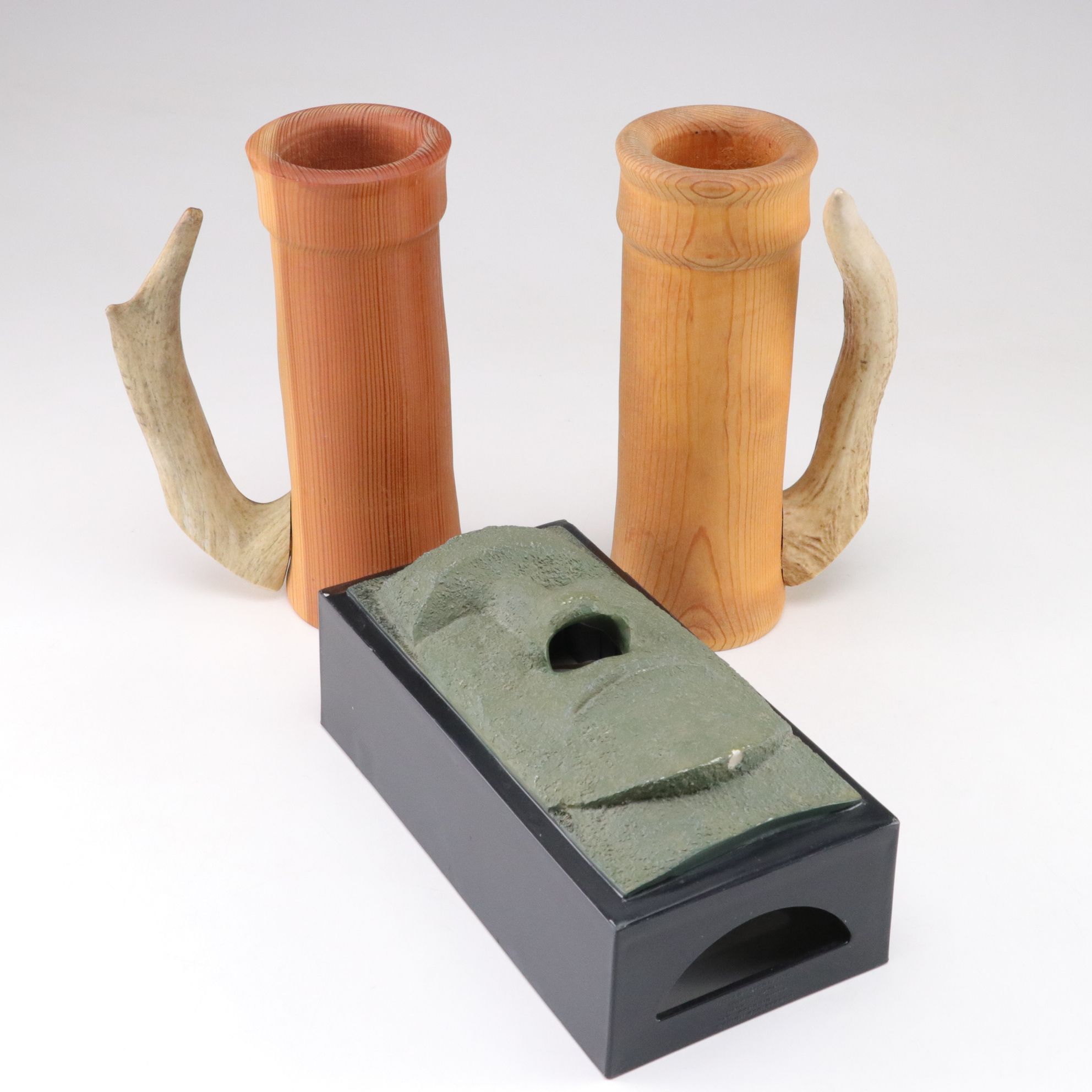 Easter Island Moai Head Tissue Box with Handcrafted Wood & Antler Mugs