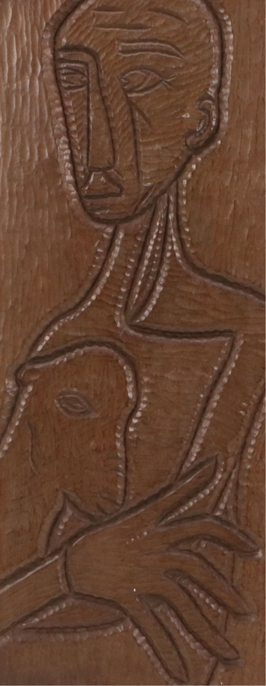Hand-Carved Wooden Plaque Depicting Man and Sheep