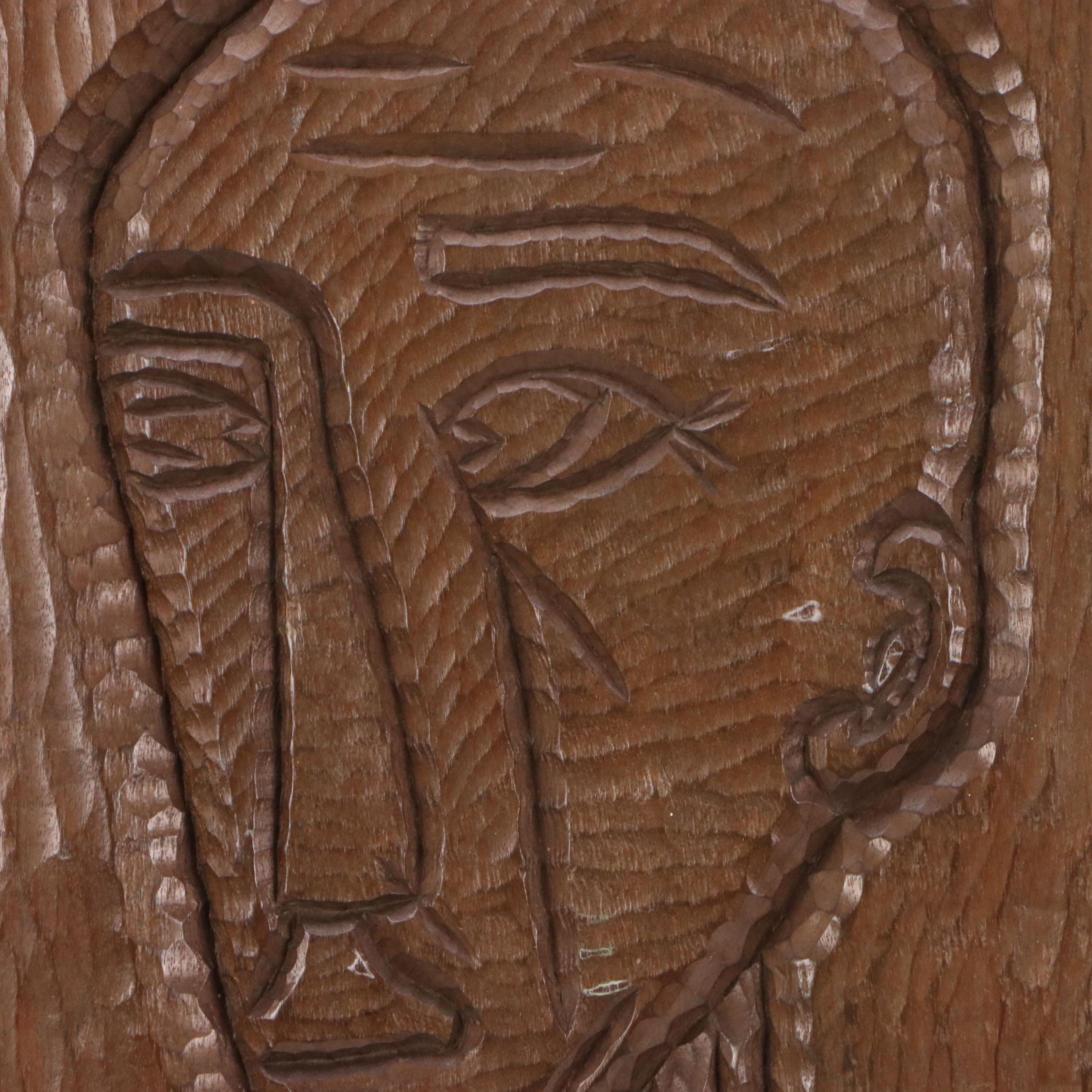 Hand-Carved Wooden Plaque Depicting Man and Sheep