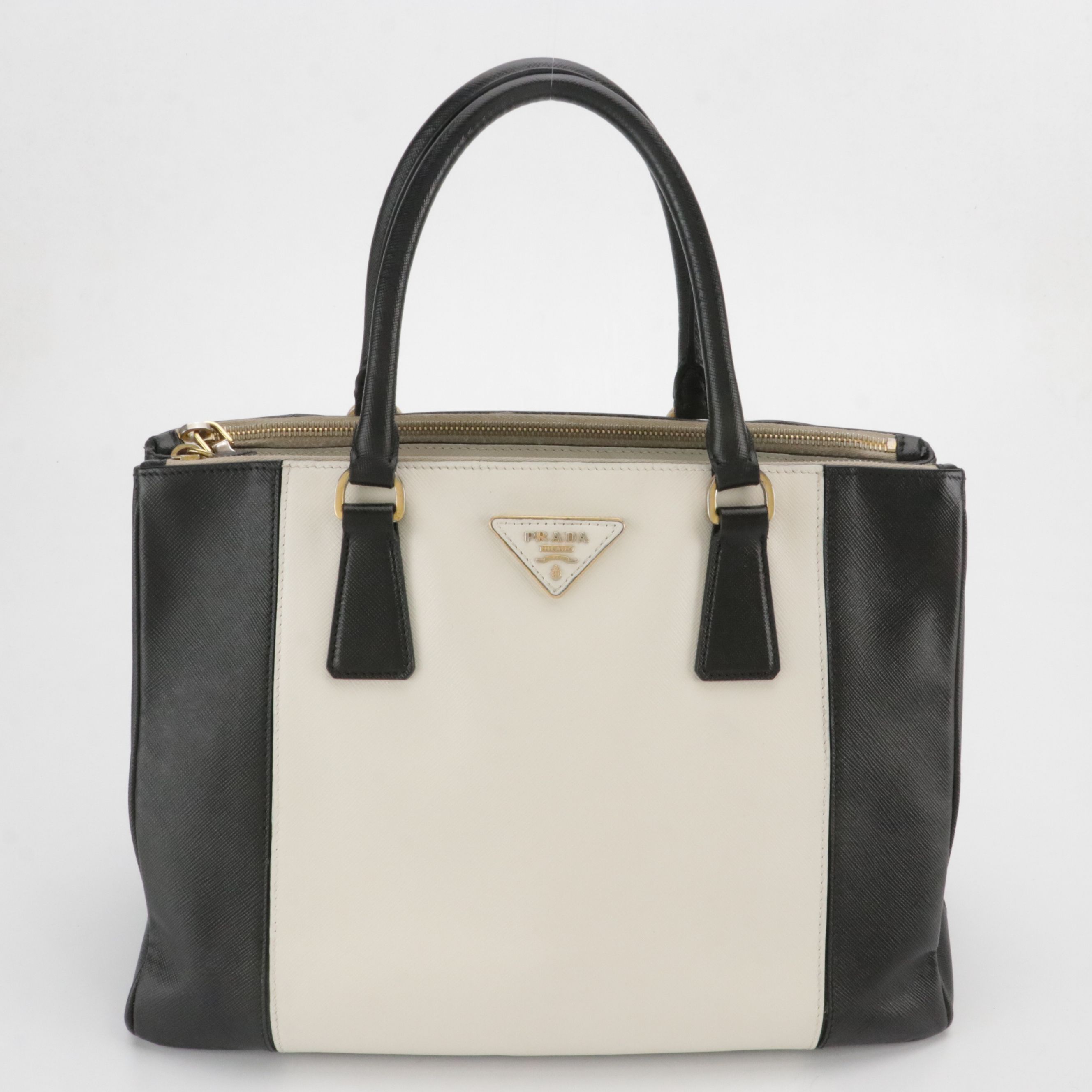 Prada Double Zip Galleria Tote Bag in Black & White Saffiano Leather