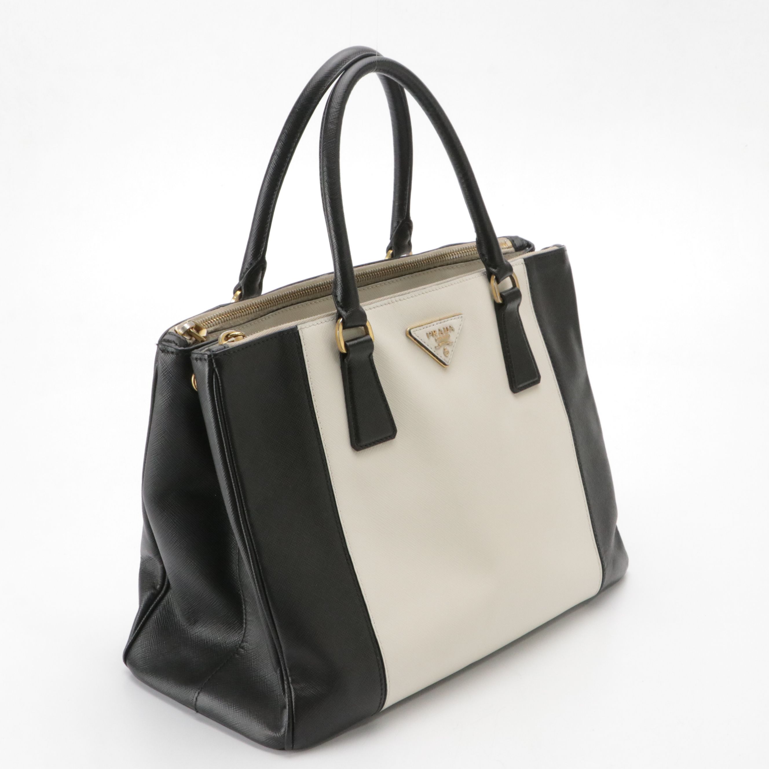 Prada Double Zip Galleria Tote Bag in Black & White Saffiano Leather