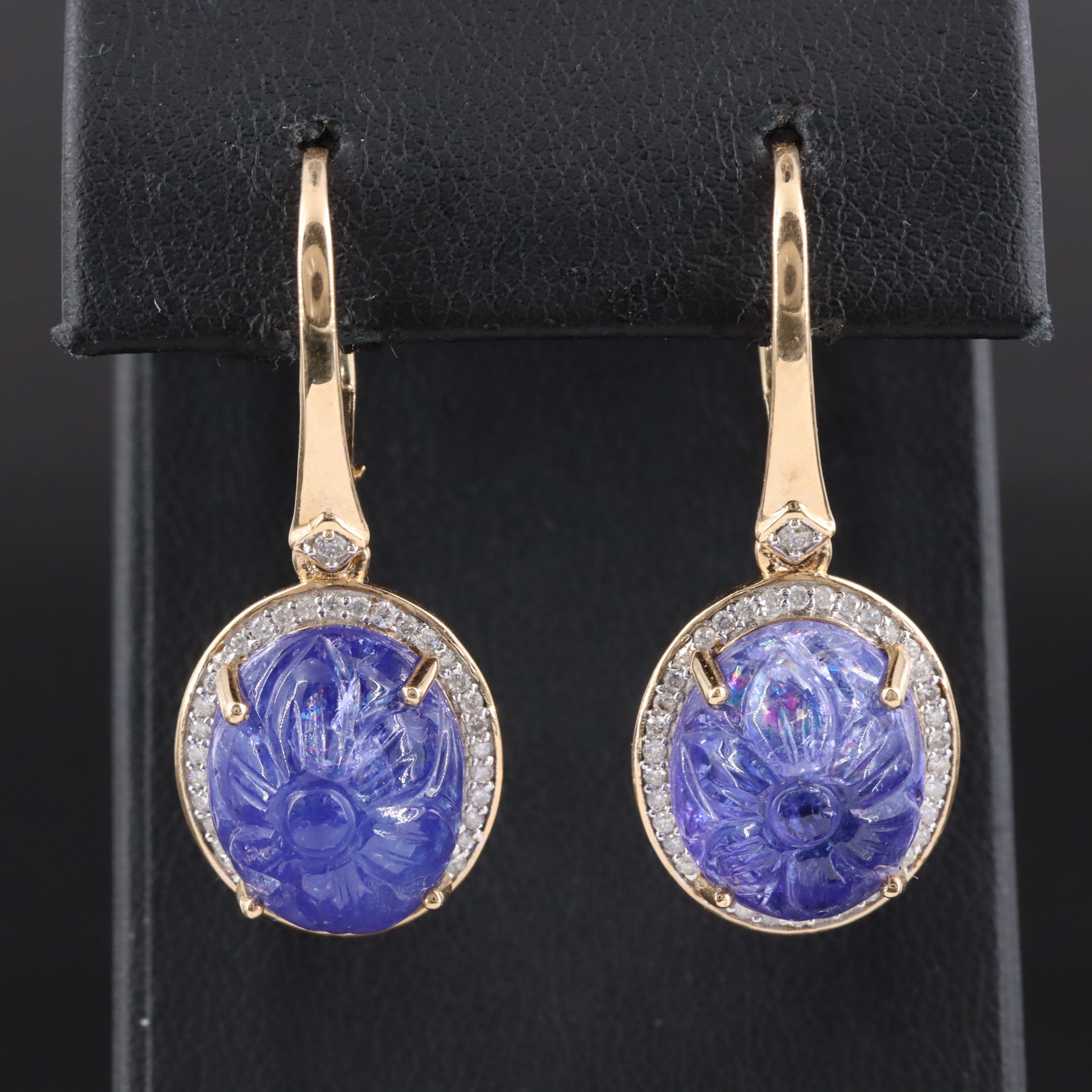 14K Carved Tanzanite and Diamond Drop Earrings