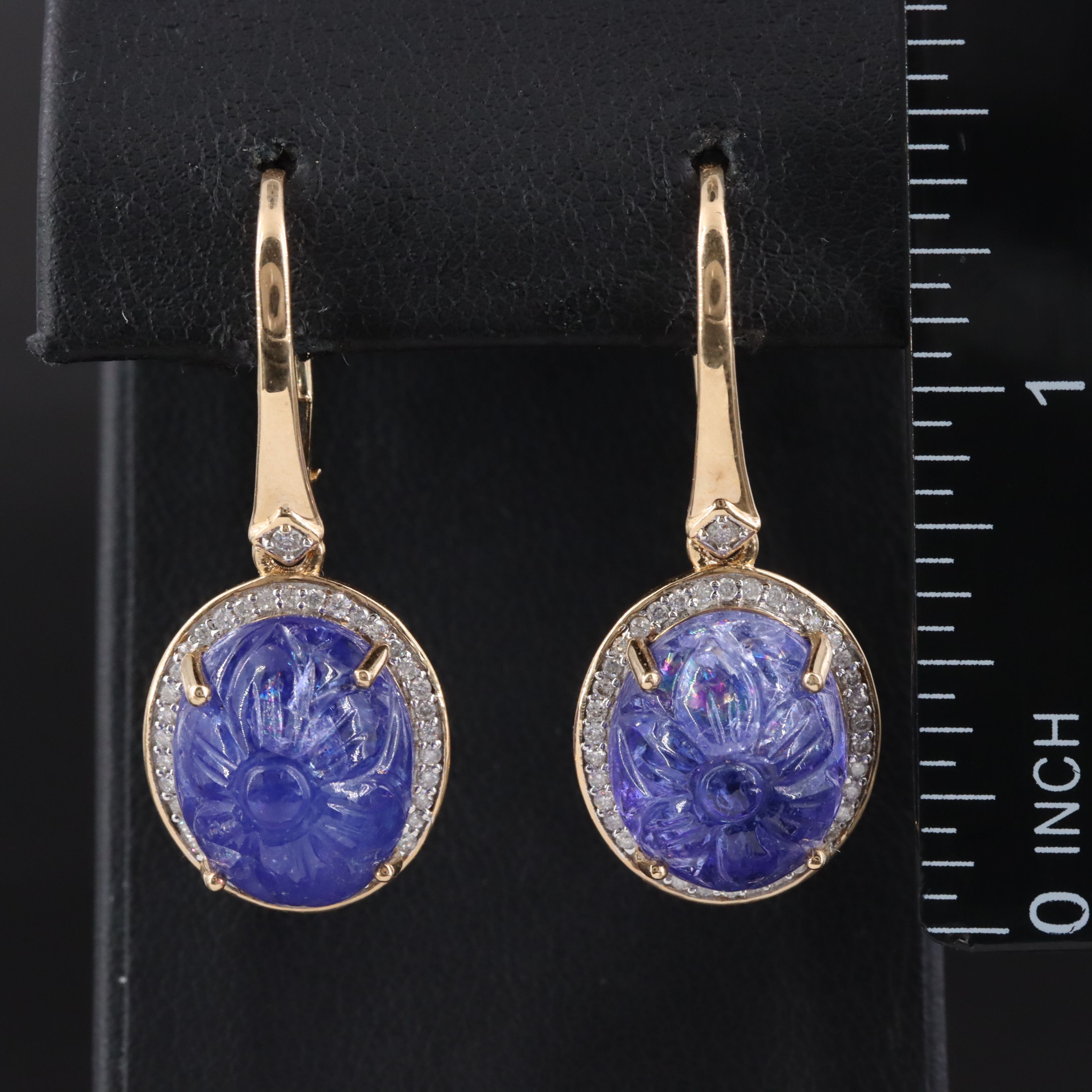 14K Carved Tanzanite and Diamond Drop Earrings