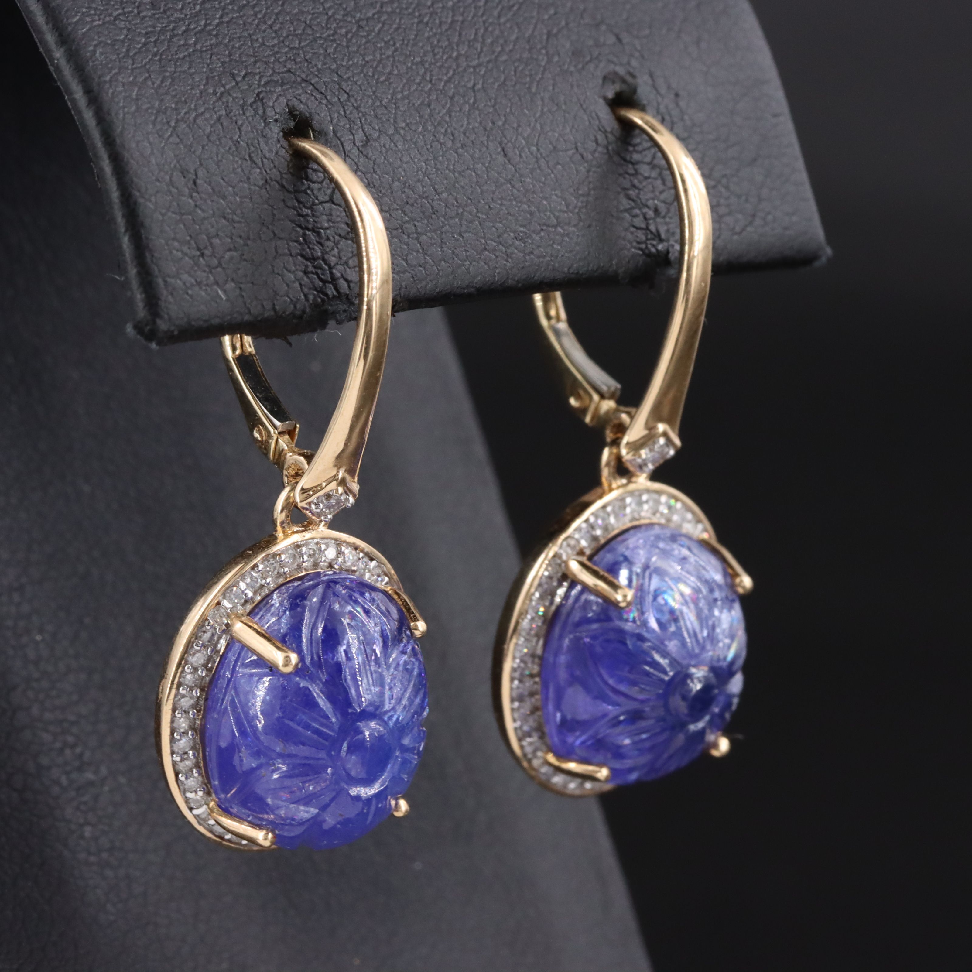 14K Carved Tanzanite and Diamond Drop Earrings