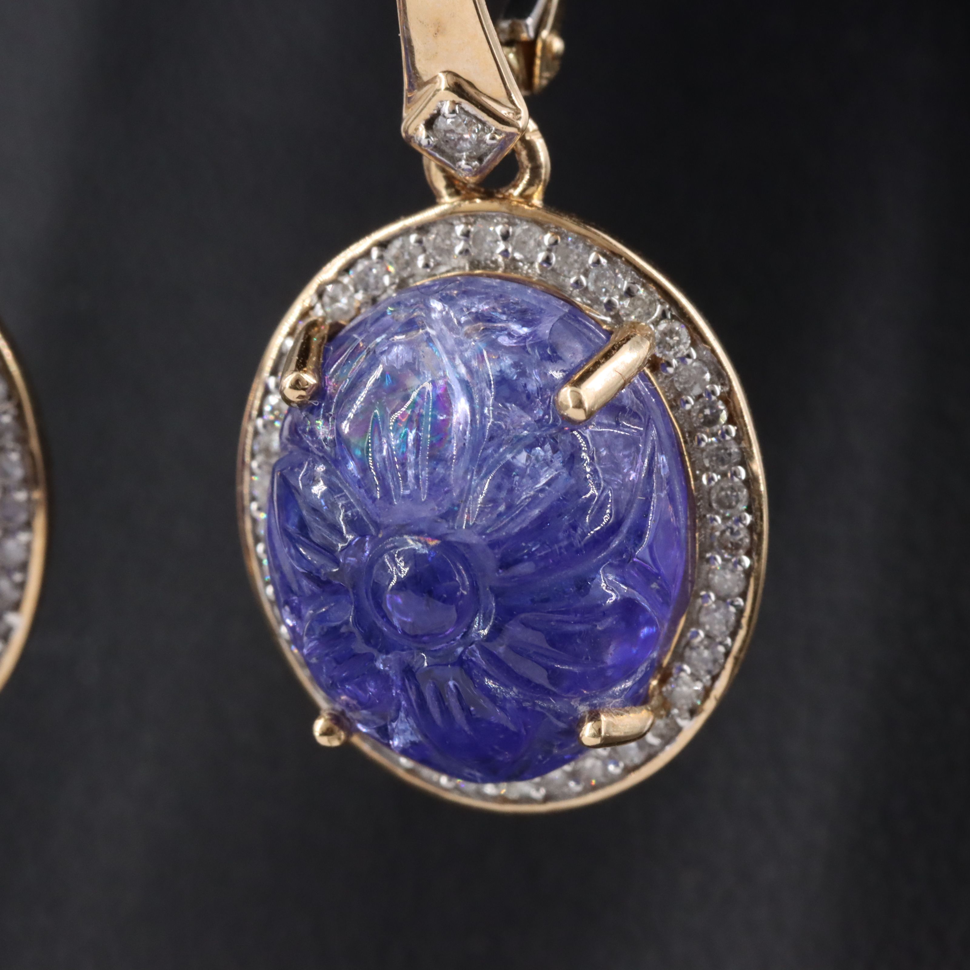 14K Carved Tanzanite and Diamond Drop Earrings