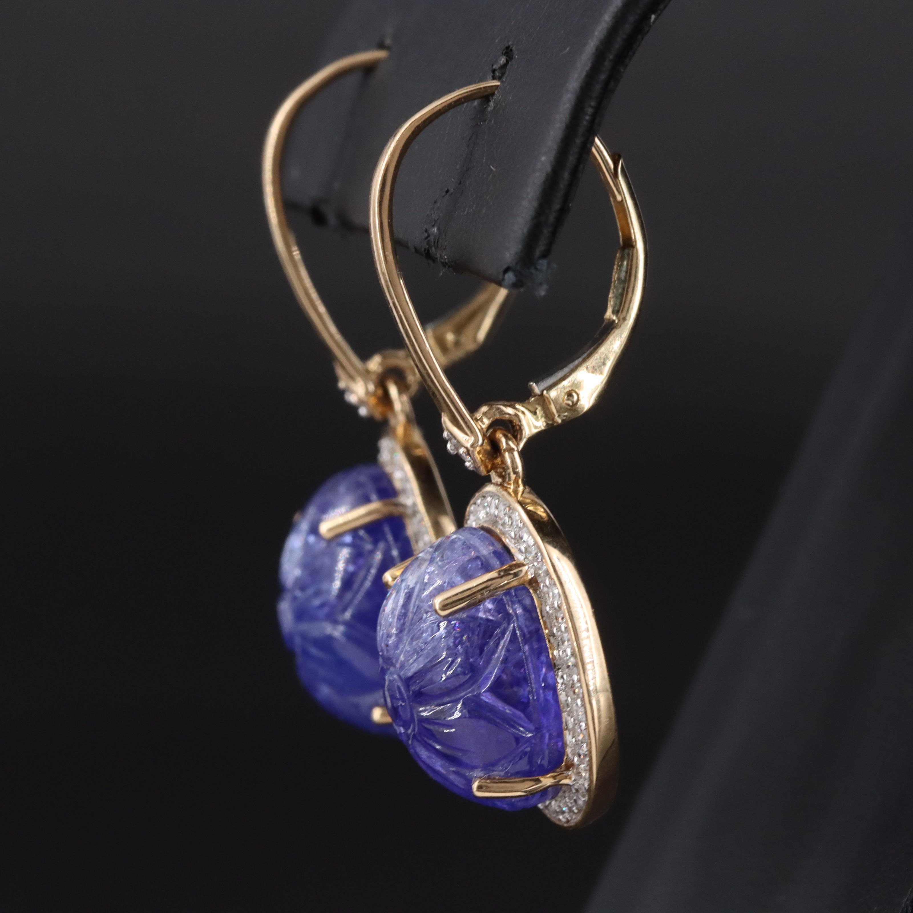 14K Carved Tanzanite and Diamond Drop Earrings