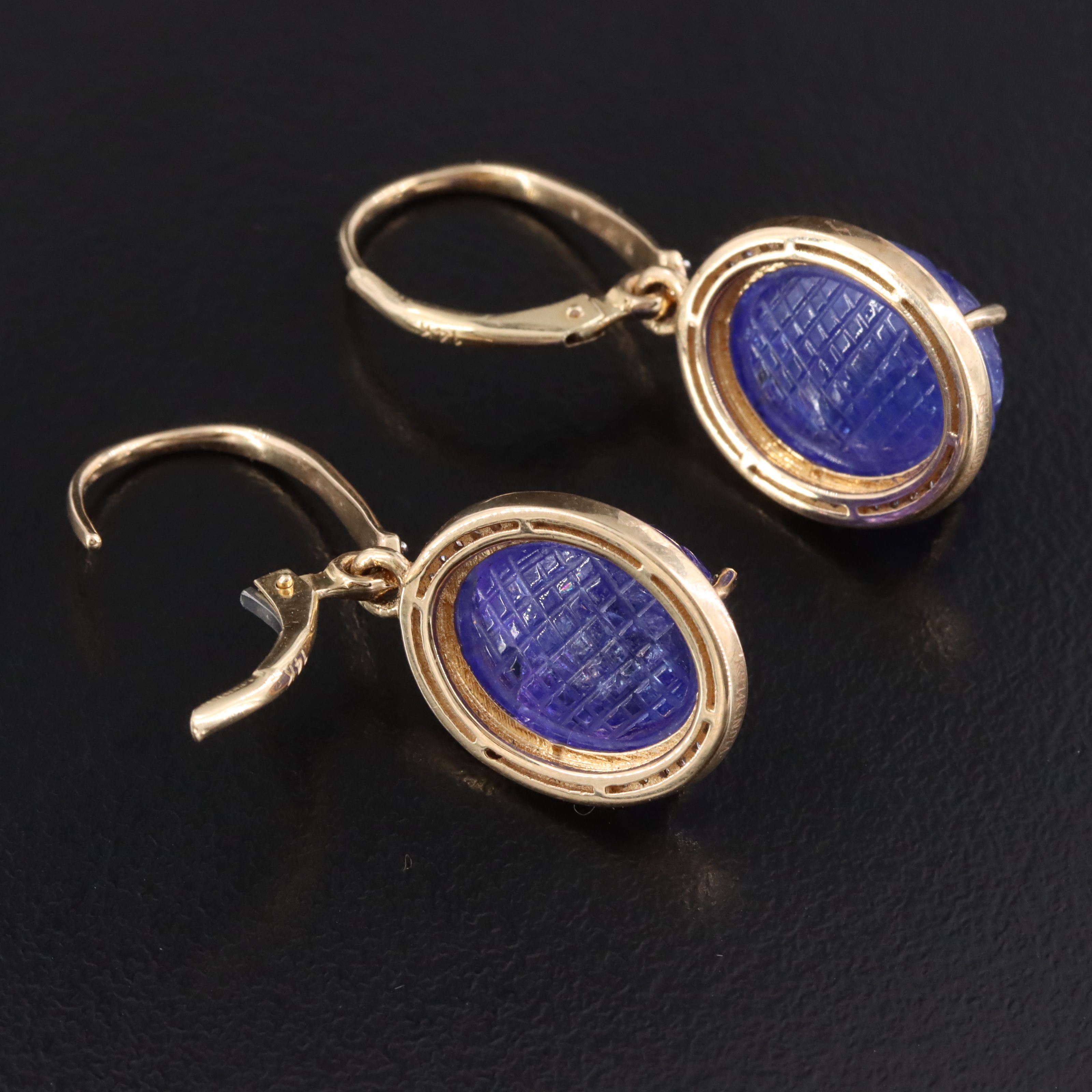 14K Carved Tanzanite and Diamond Drop Earrings