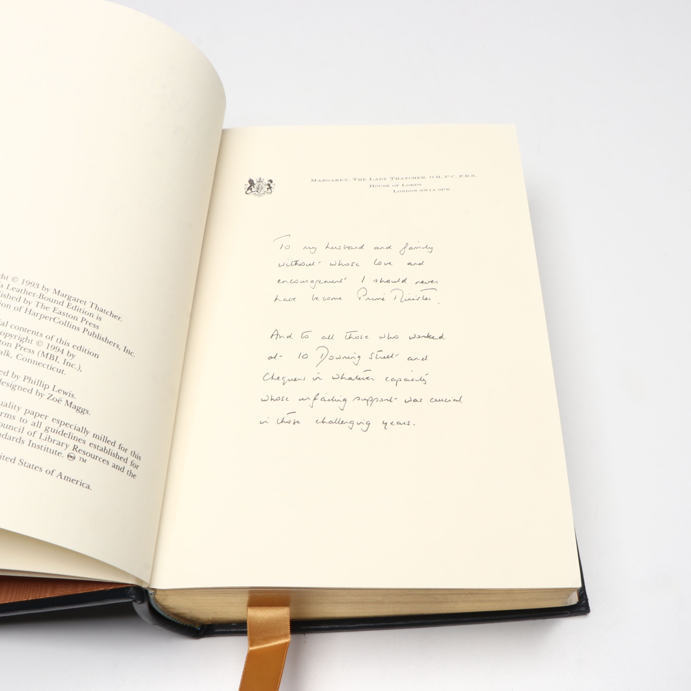 Signed "The Downing Street Years" by Margaret Thatcher, 1994